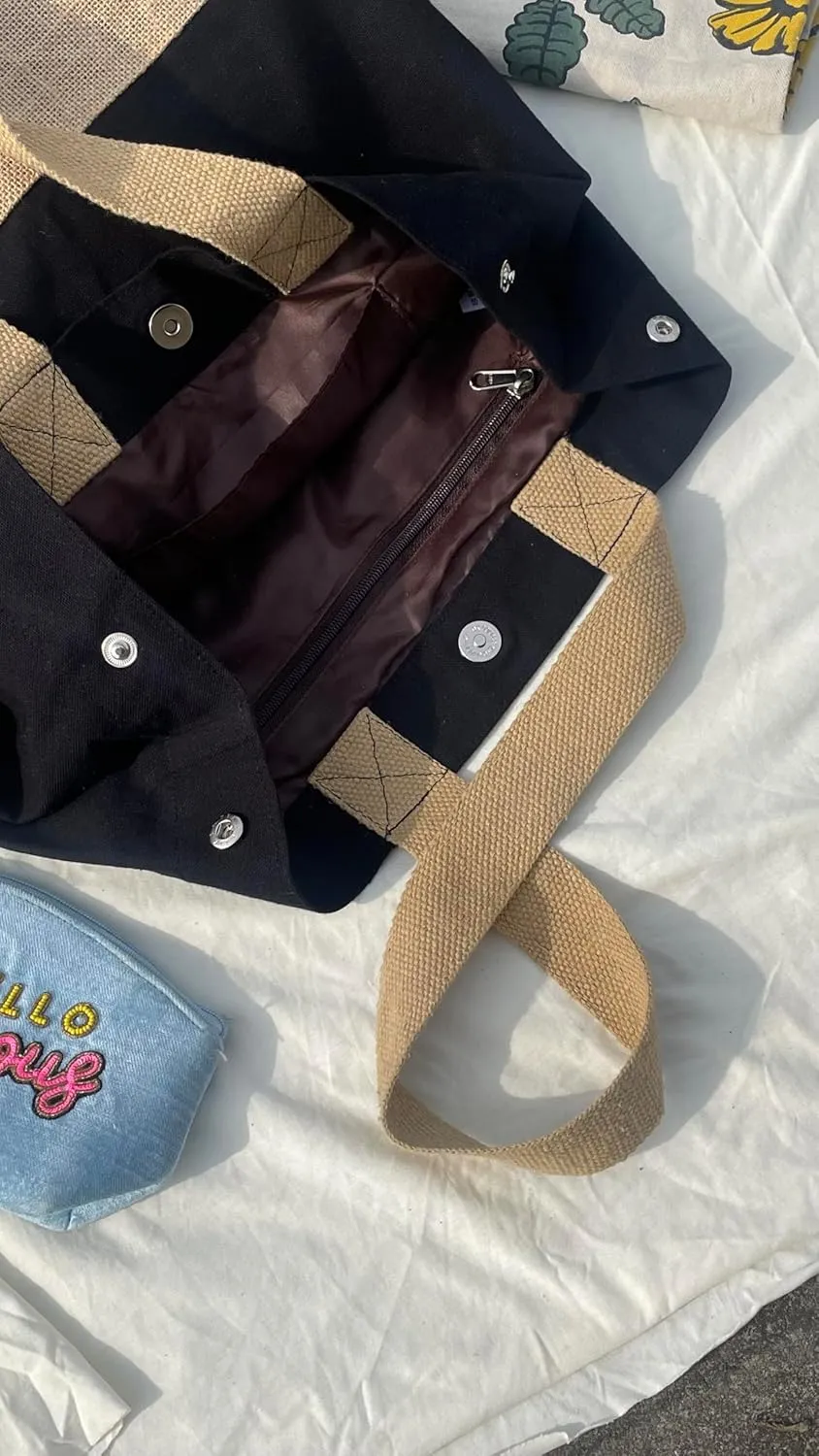 Canvas Shoulder Tote Bag For Women| Waterproof Lining & Zippered Pockets| Aesthetic Cute Tote Purse Bags
