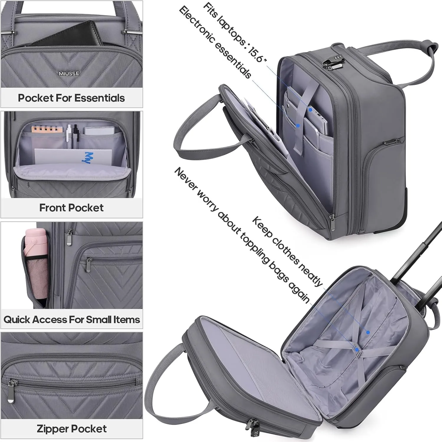 Carry-on Underseat 16-inch Luggage with Wheels, Softside Rolling Carry-on, Lightweight Travel Suitcase for Men Women, Personal Item Rolling Travel Bag
