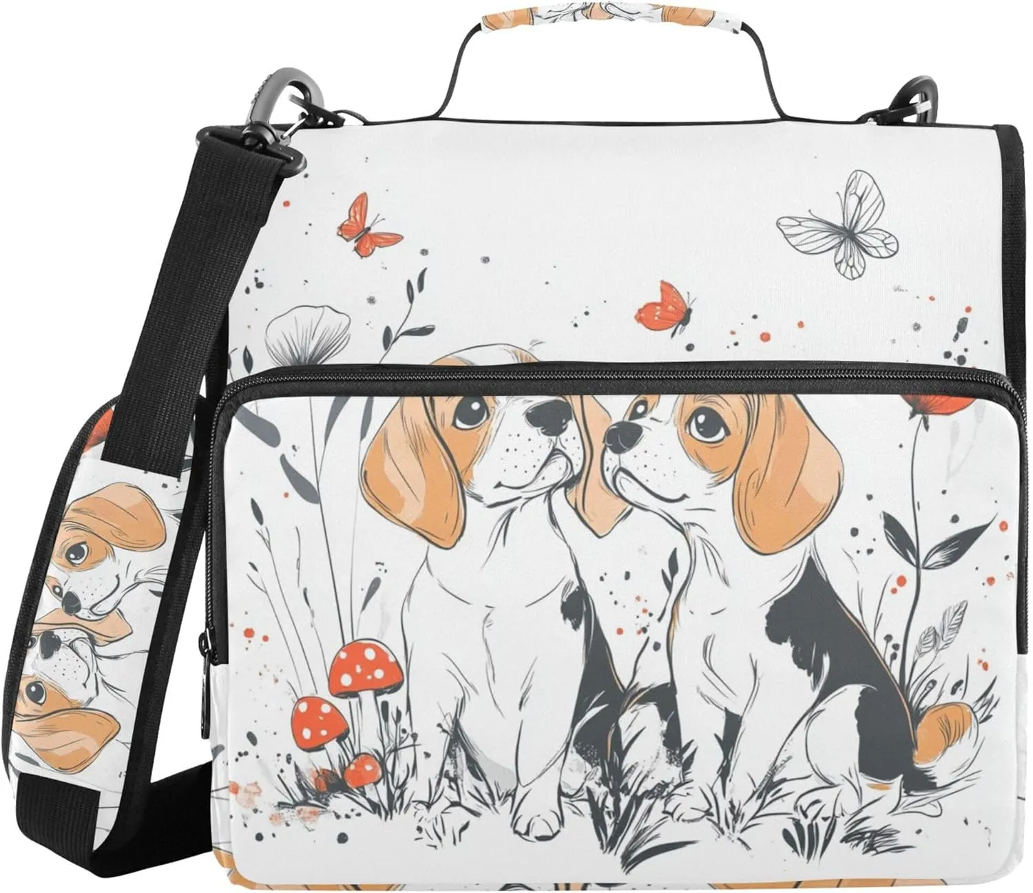 Cartoon Beagle Dogs White Zipper Binder Organizer with Shoulder Strap & Handle Laege Capacity 1.5 Inch 3 Rings Pencil Cases Portfolio Binder Storage Container