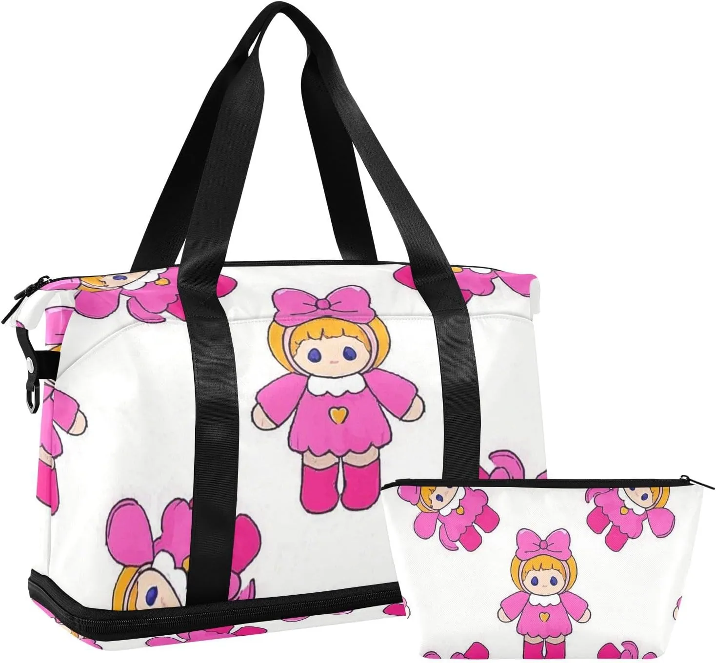 Cartoon Cute Pink Doll Travel Bag Carry on Bag with Adjustable Strap for Travel Multifunctional