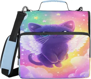 Cat Starry Sky Colorful 3 Ring Zipper Binder with Shoulder Strap Portfolio Binder Case for School Office Supplies Storage