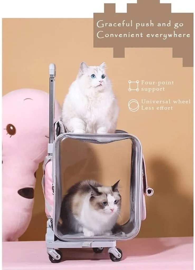 Cat/Dog Carrier, Portable Pet Bag When Going Out,Breathable Transport Suitcase Pet Travel Carrier Backpack, Dog and Cat Pet Backpack Carrier with 5 Wheels(Pink)