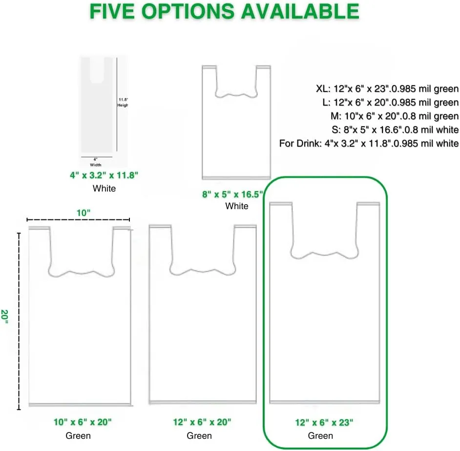 Certified Home Compostable Shopping Bags, 500 Ct, 12" x 6" x 23", Hold 30 lbs, Thank You, Grocery, Take Out, T-Shirt, To-Go Bags for Retail, Grocery Stores