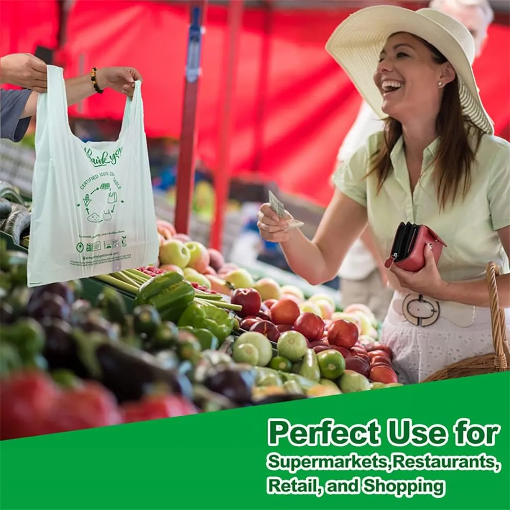 Certified Home Compostable Shopping Bags, 500 Ct, 12" x 6" x 23", Hold 30 lbs, Thank You, Grocery, Take Out, T-Shirt, To-Go Bags for Retail, Grocery Stores