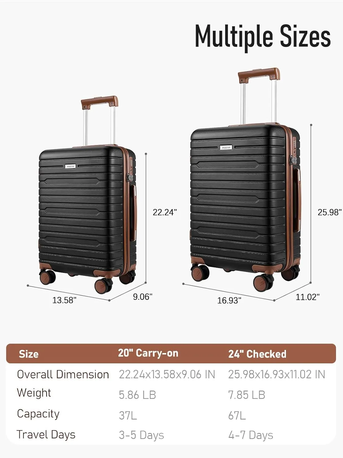 Checked Luggage 24 Inch, 100% PC Large Suitcase with Wheels, Hardside Suitcase TSA Approved Medium Hard Case Travel Luggage (Black)
