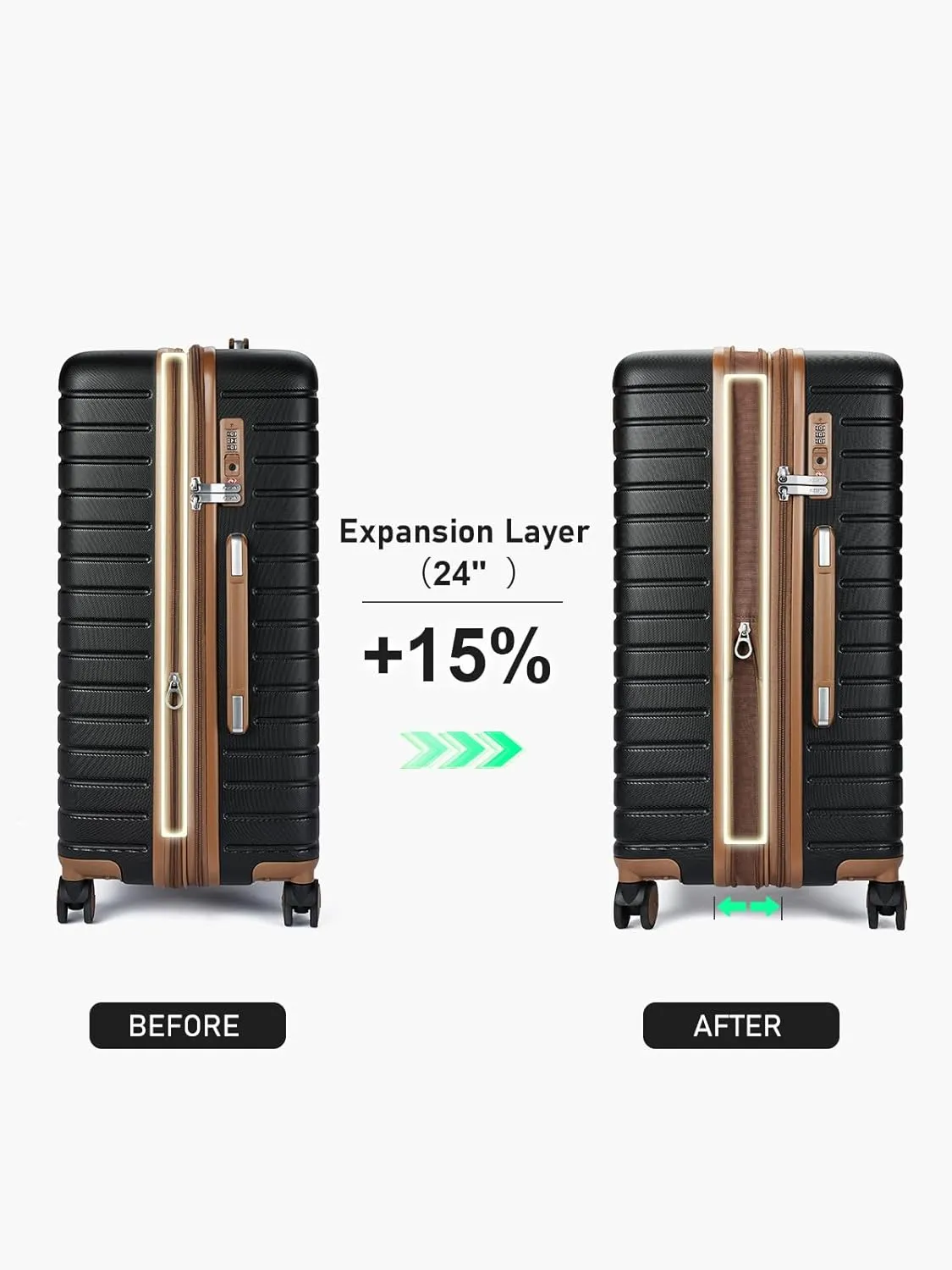 Checked Luggage 24 Inch, 100% PC Large Suitcase with Wheels, Hardside Suitcase TSA Approved Medium Hard Case Travel Luggage (Black)