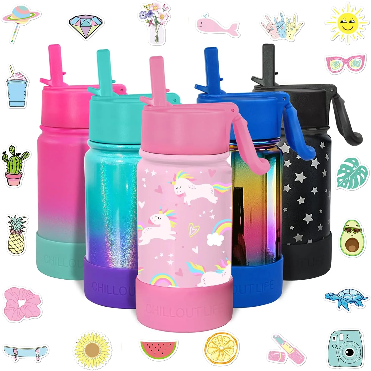 CHILLOUT LIFE 12 oz Kids Insulated Water Bottle for School with Straw Lid Leakproof and Cute Waterproof Stickers, Personalized Stainless Steel Thermos Flask Metal Water Bottle, Pink Unicorn