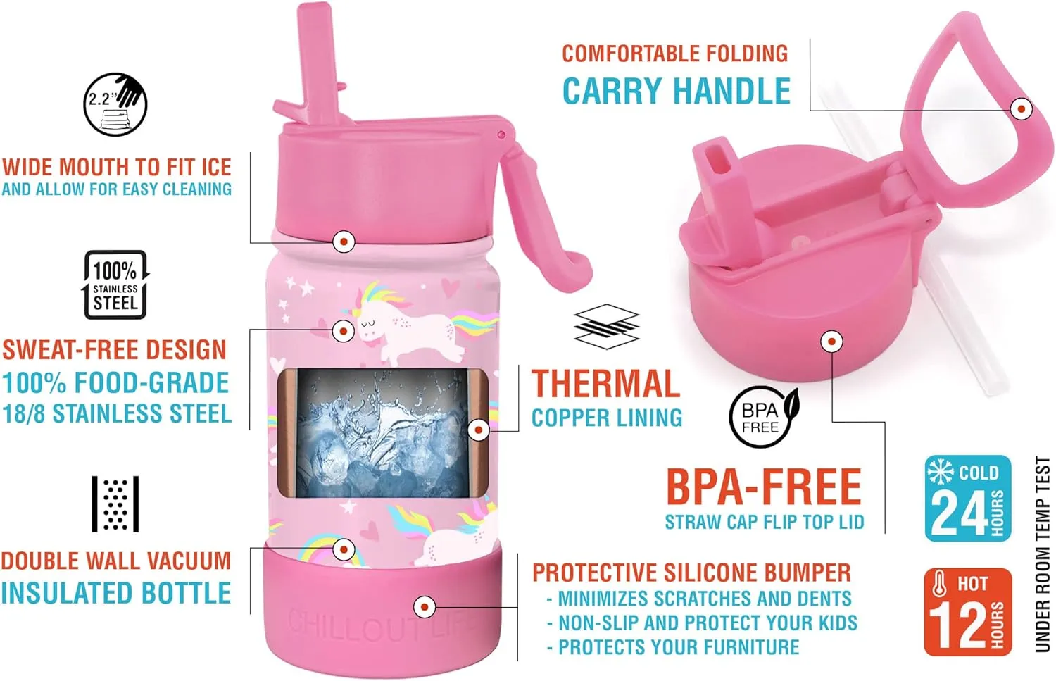 CHILLOUT LIFE 12 oz Kids Insulated Water Bottle for School with Straw Lid Leakproof and Cute Waterproof Stickers, Personalized Stainless Steel Thermos Flask Metal Water Bottle, Pink Unicorn
