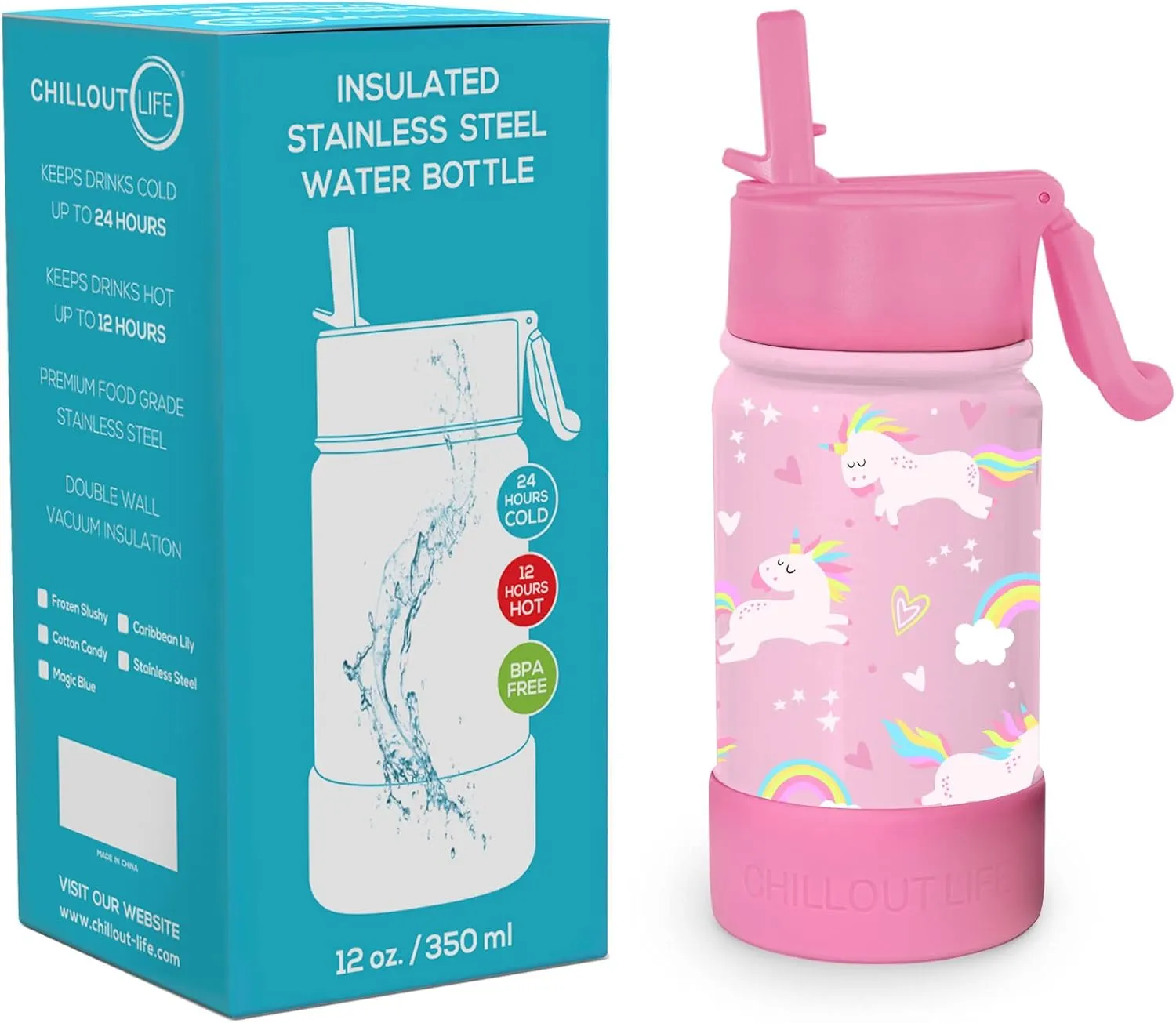 CHILLOUT LIFE 12 oz Kids Insulated Water Bottle for School with Straw Lid Leakproof and Cute Waterproof Stickers, Personalized Stainless Steel Thermos Flask Metal Water Bottle, Pink Unicorn