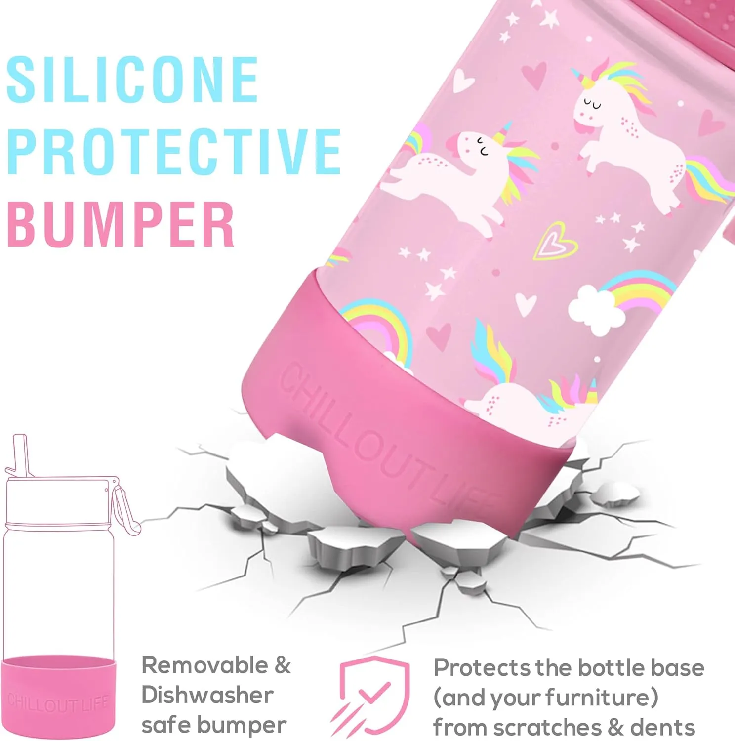 CHILLOUT LIFE 12 oz Kids Insulated Water Bottle for School with Straw Lid Leakproof and Cute Waterproof Stickers, Personalized Stainless Steel Thermos Flask Metal Water Bottle, Pink Unicorn
