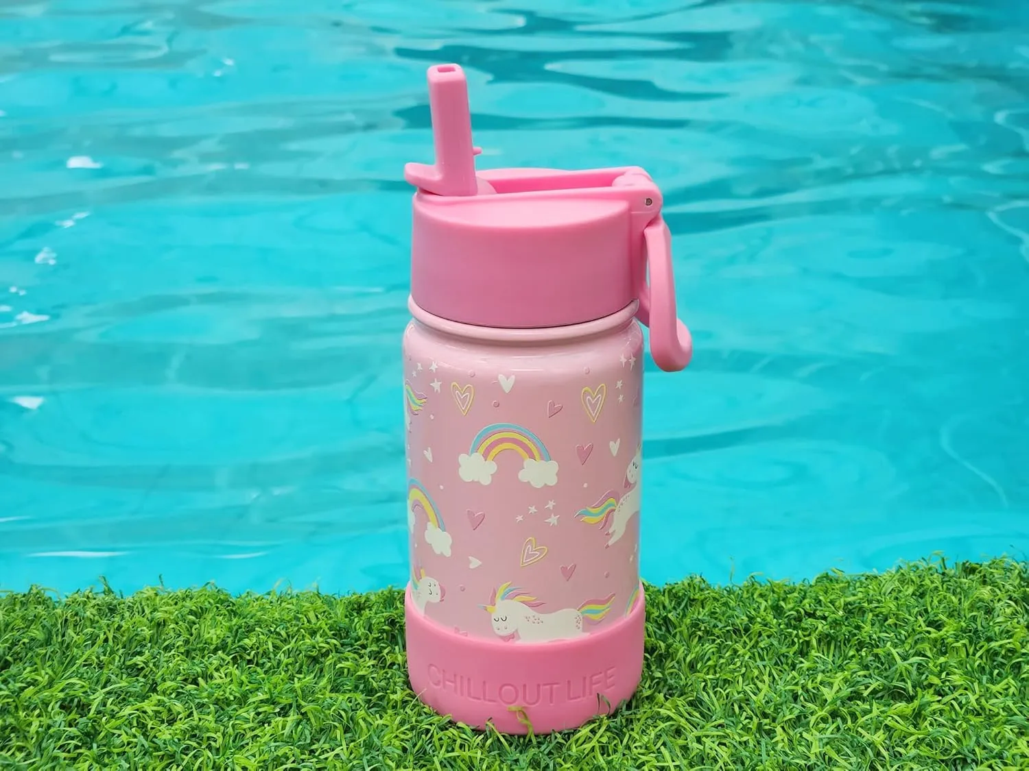 CHILLOUT LIFE 12 oz Kids Insulated Water Bottle for School with Straw Lid Leakproof and Cute Waterproof Stickers, Personalized Stainless Steel Thermos Flask Metal Water Bottle, Pink Unicorn