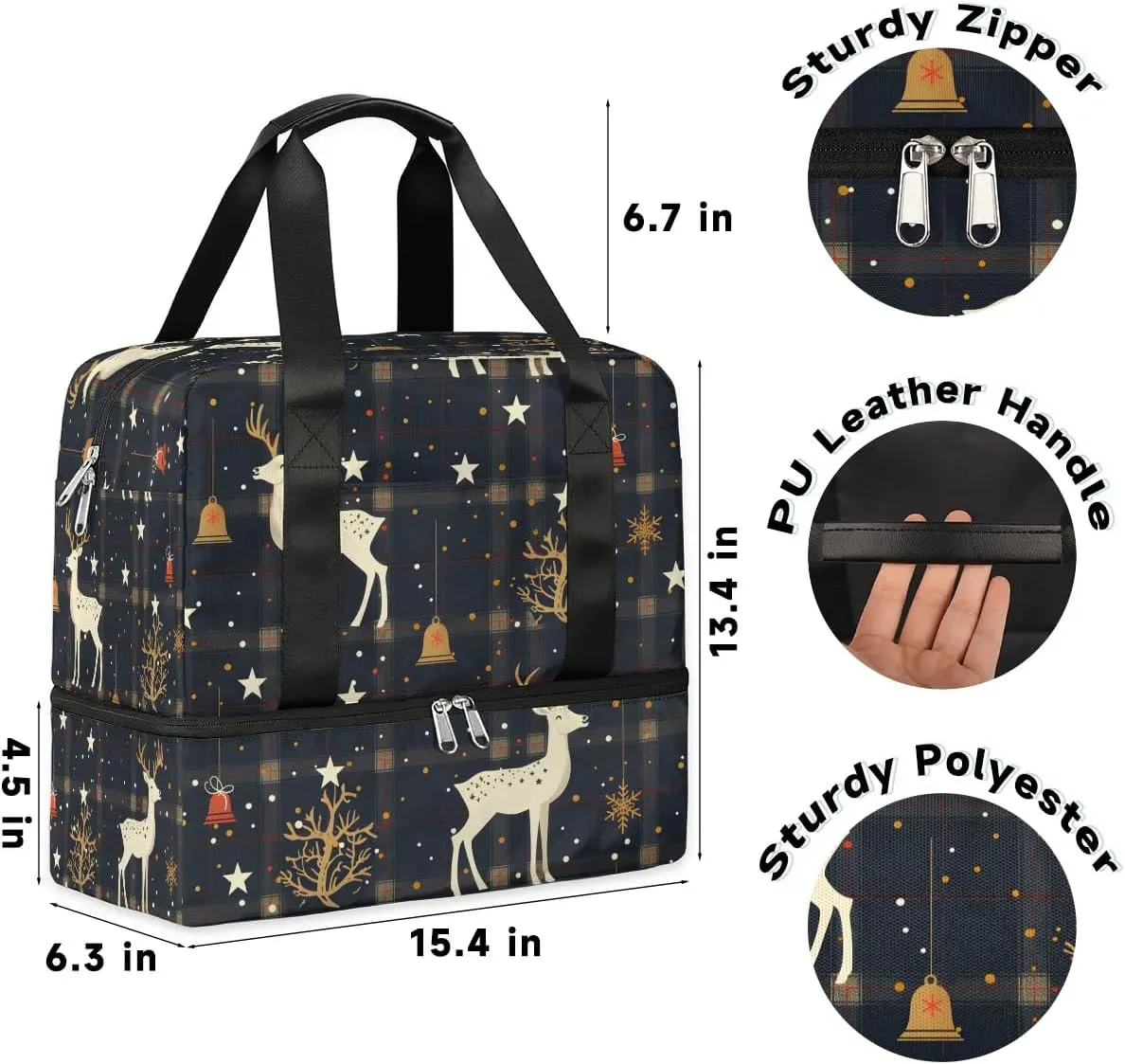 Christmas Bell Deer Travel Duffel Bag Dry Wet Separated Sports Tote Travel Duffle Bag Gym Workout Bag Women Travel Duffel Bag for Women, Travel, Gym, Work