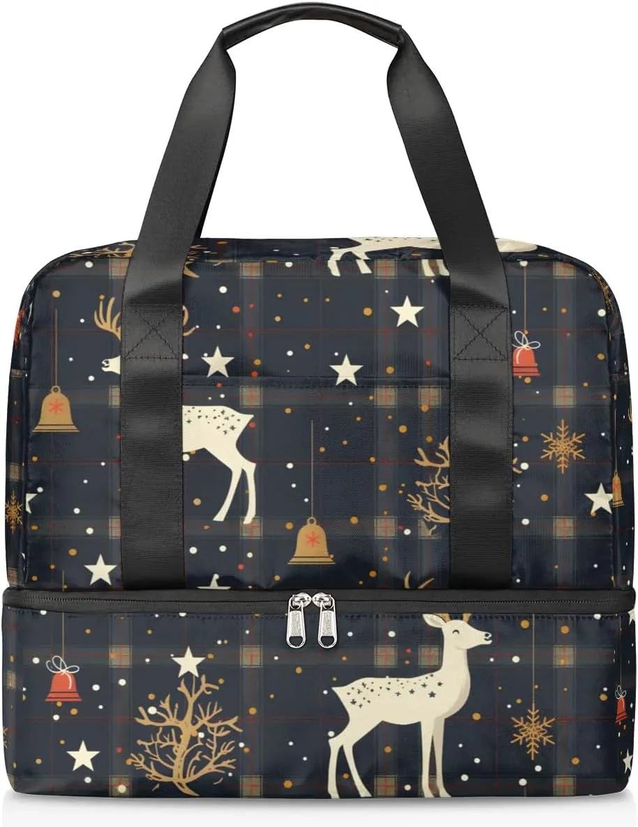 Christmas Bell Deer Travel Duffel Bag Dry Wet Separated Sports Tote Travel Duffle Bag Gym Workout Bag Women Travel Duffel Bag for Women, Travel, Gym, Work