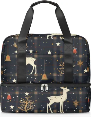 Christmas Bell Deer Travel Duffel Bag Dry Wet Separated Sports Tote Travel Duffle Bag Gym Workout Bag Women Travel Duffel Bag for Women, Travel, Gym, Work