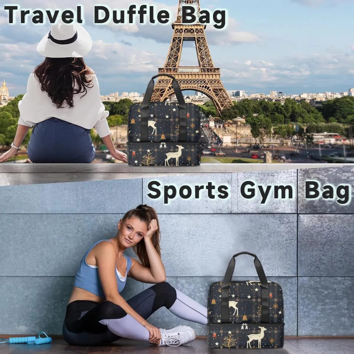 Christmas Bell Deer Travel Duffel Bag Dry Wet Separated Sports Tote Travel Duffle Bag Gym Workout Bag Women Travel Duffel Bag for Women, Travel, Gym, Work