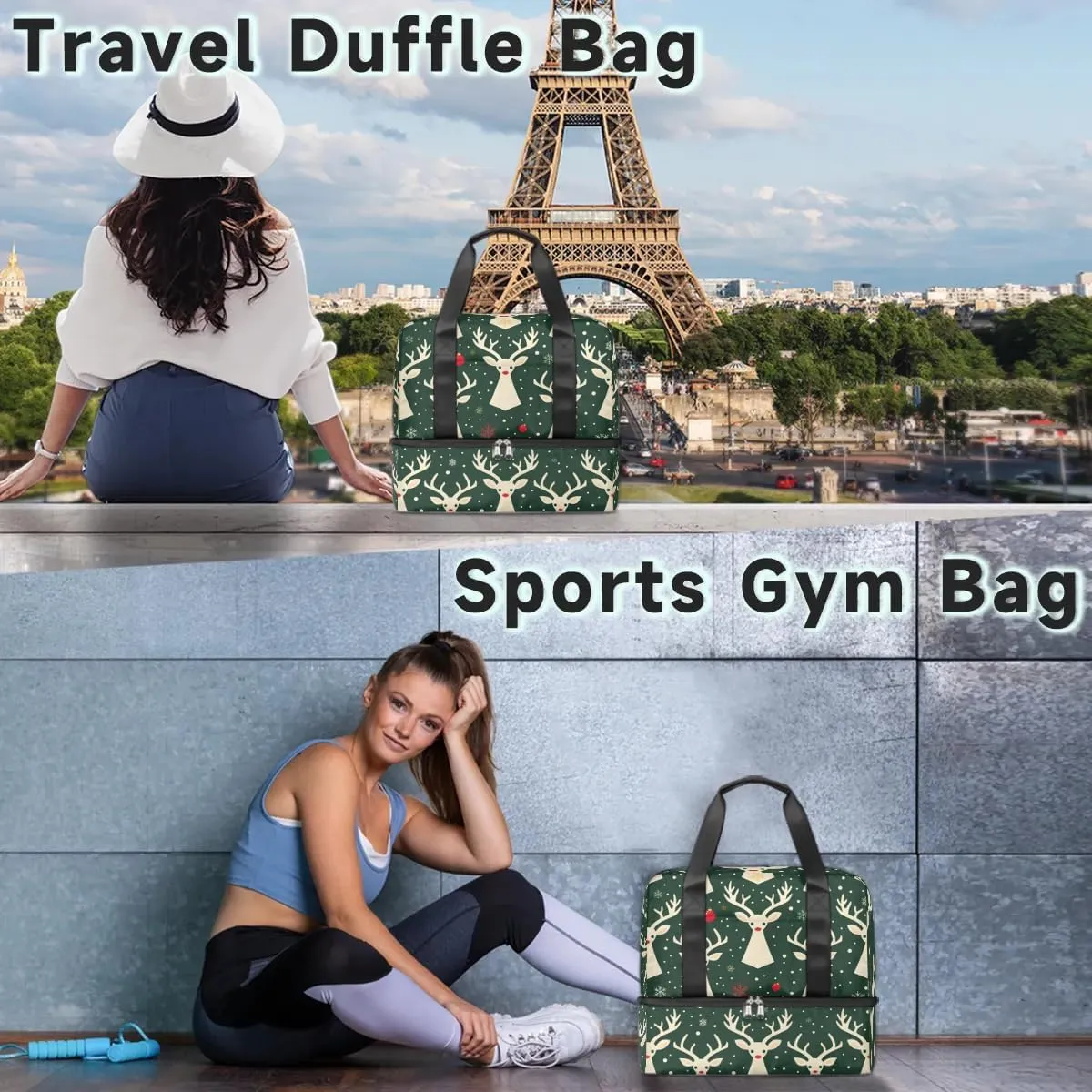 Christmas Deer Prints Travel Duffel Bag Dry Wet Separated Sports Tote Travel Duffle Bag Gym Workout Bag Women Travel Duffel Bag for Women, Travel, Gym, Work
