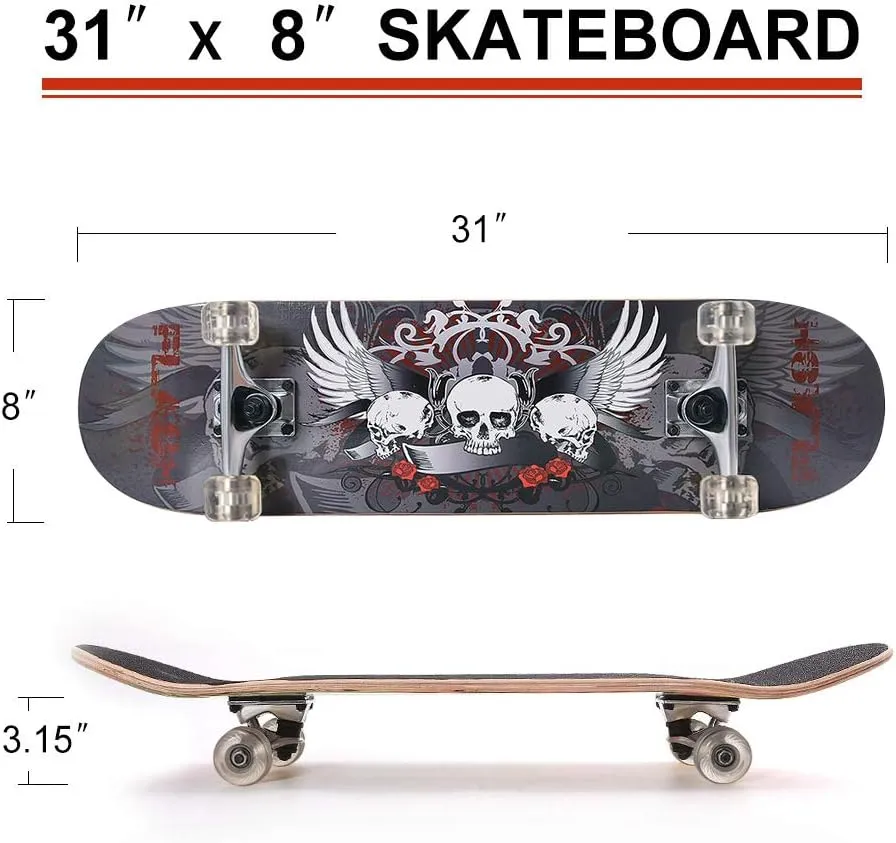 ChromeWheels 31 inch Skateboard Double Kick Skate Board Cruiser Longboard 8 Layer Maple Deck Skateboards for Kids and Beginners