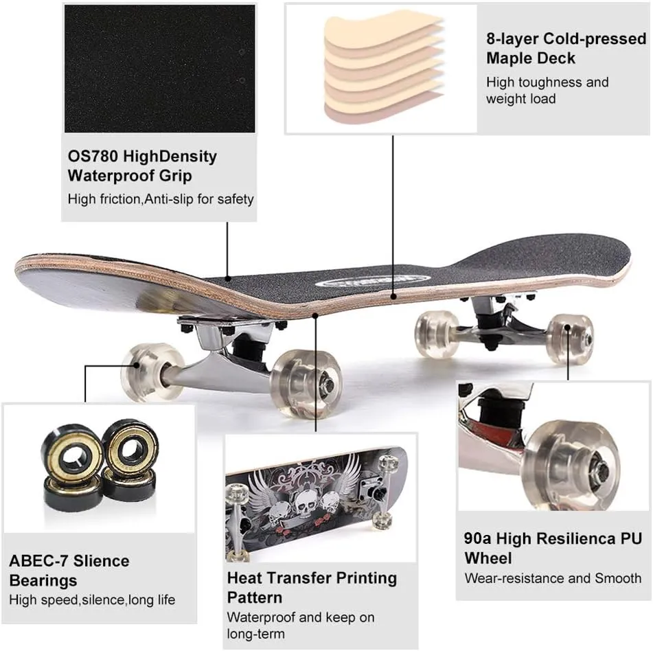 ChromeWheels 31 inch Skateboard Double Kick Skate Board Cruiser Longboard 8 Layer Maple Deck Skateboards for Kids and Beginners
