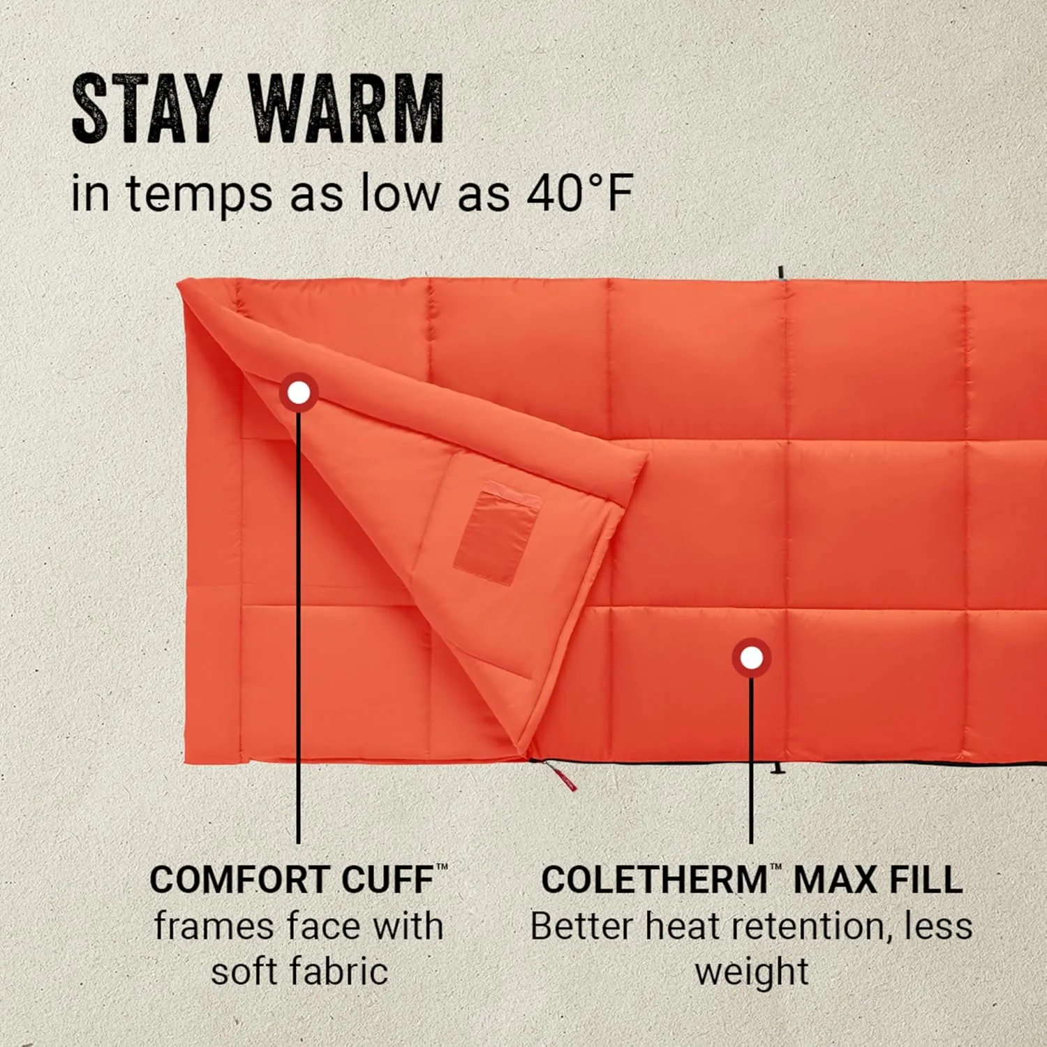 Coleman Kompact Cool-Weather Sleeping Bag, 20°F/30°F/40°F Adult Sleeping Bag with Heat Retention, Stuff Sack, & Snag-Free Zipper