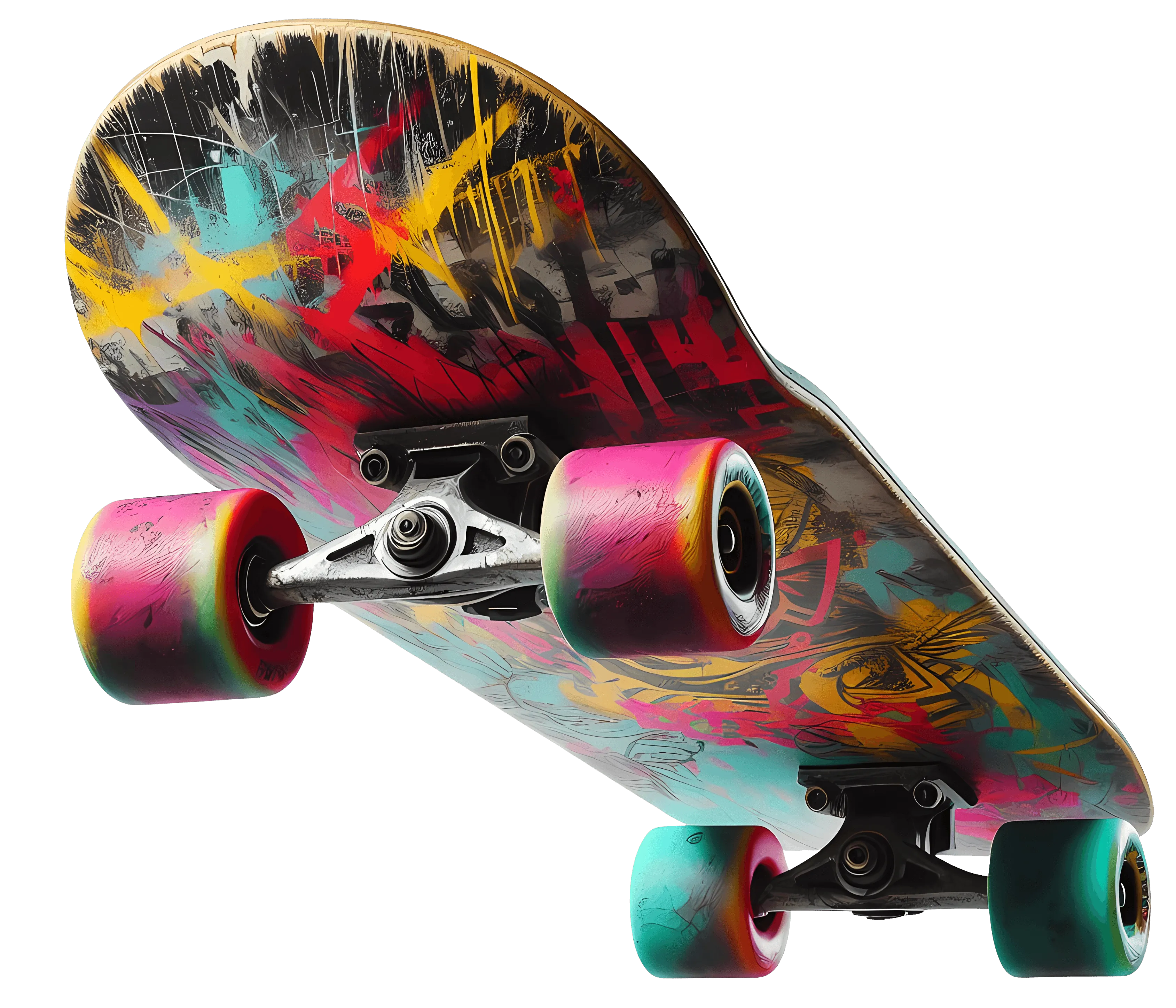 Color Drip Skateboard Bottom With Pink Wheels And Graffiti DTF (direct-to-film) Transfer