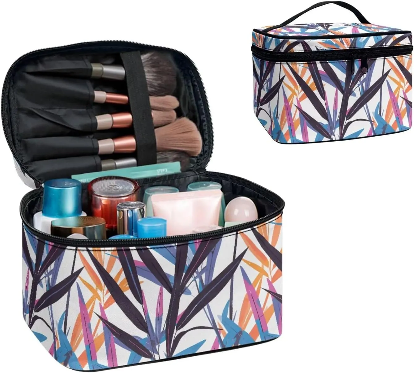 Color Painting Palm Leaves Makeup Organizer Case Toiletry Bag for Women, Painted Leaf Pattern Travel Cosmetic Bag for Toiletries Essential