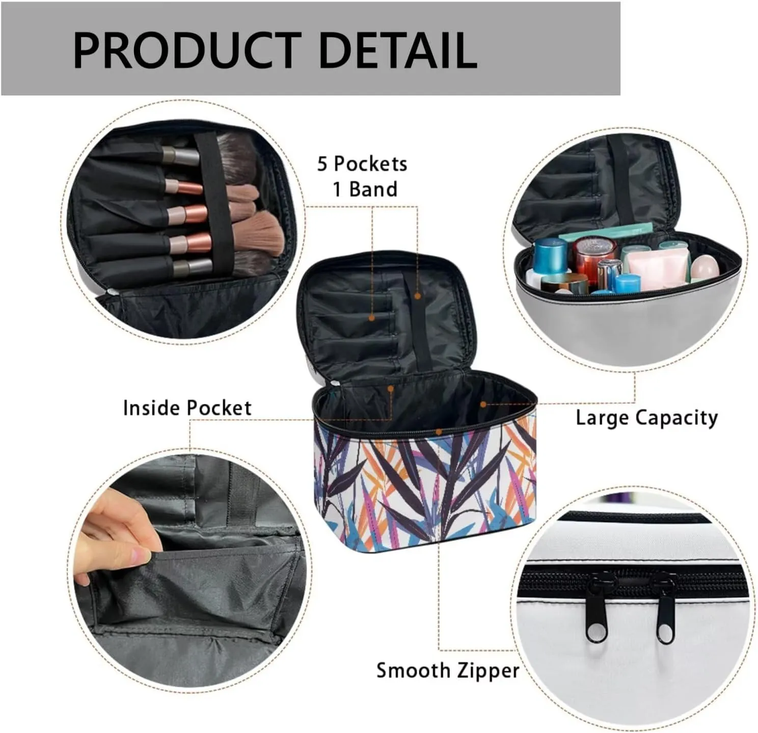 Color Painting Palm Leaves Makeup Organizer Case Toiletry Bag for Women, Painted Leaf Pattern Travel Cosmetic Bag for Toiletries Essential