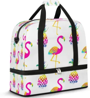 Colorful Flamingo Pineapple Sports Gym Bag with Shoes Compartment Foldable Travel Duffel Bag Dry Wet Separated Sports Tote Workout Weekender Overnight Bag for Women Yoga Dance Work Training Handbag