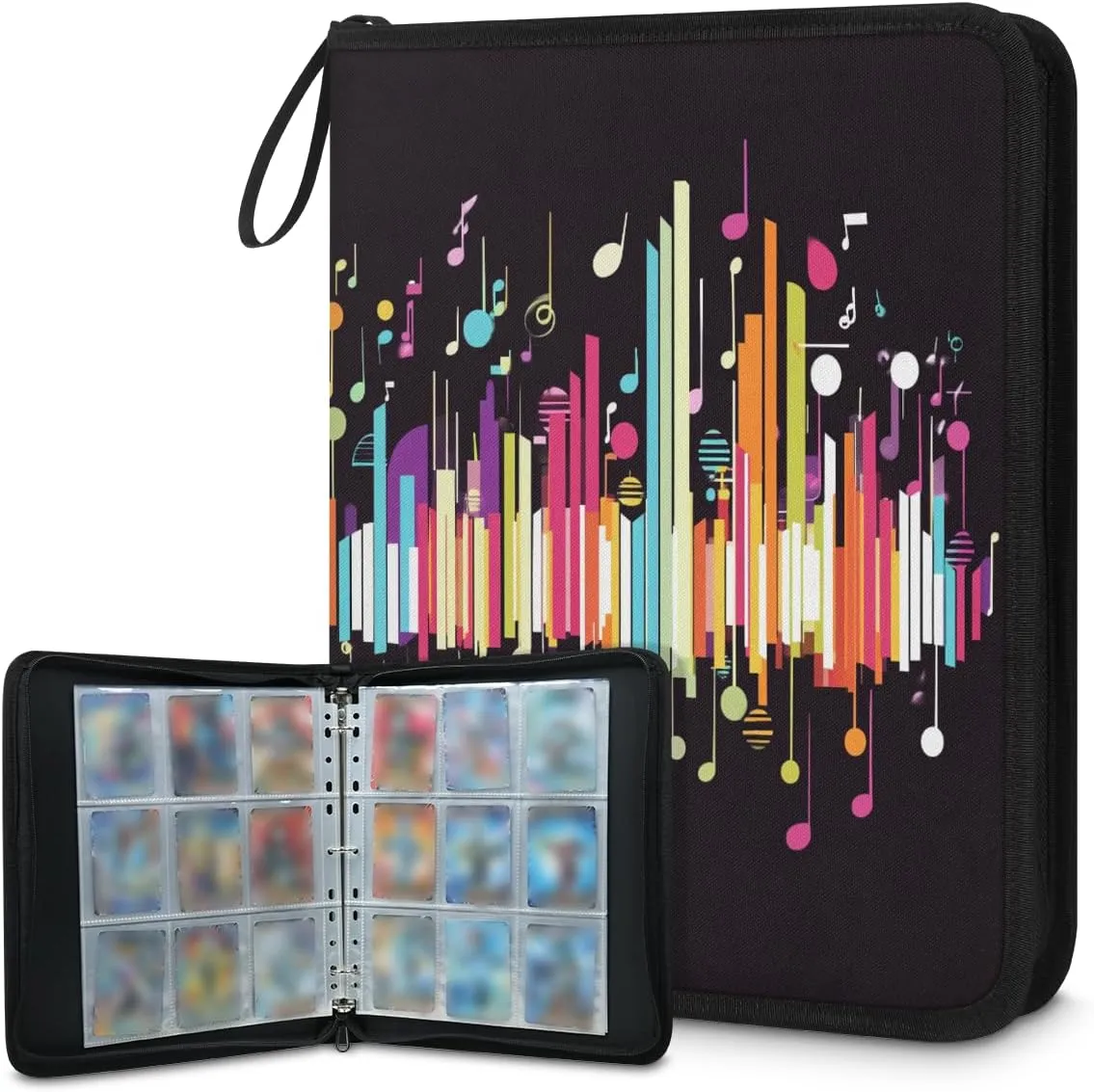 Colorful Musical Notes Trading Card Binder 9 Pocket 900 Cards Holder Collector Album with 50 Removable Sleeves Toys Gifts for Boys Girls Symbol Game Sports Cards