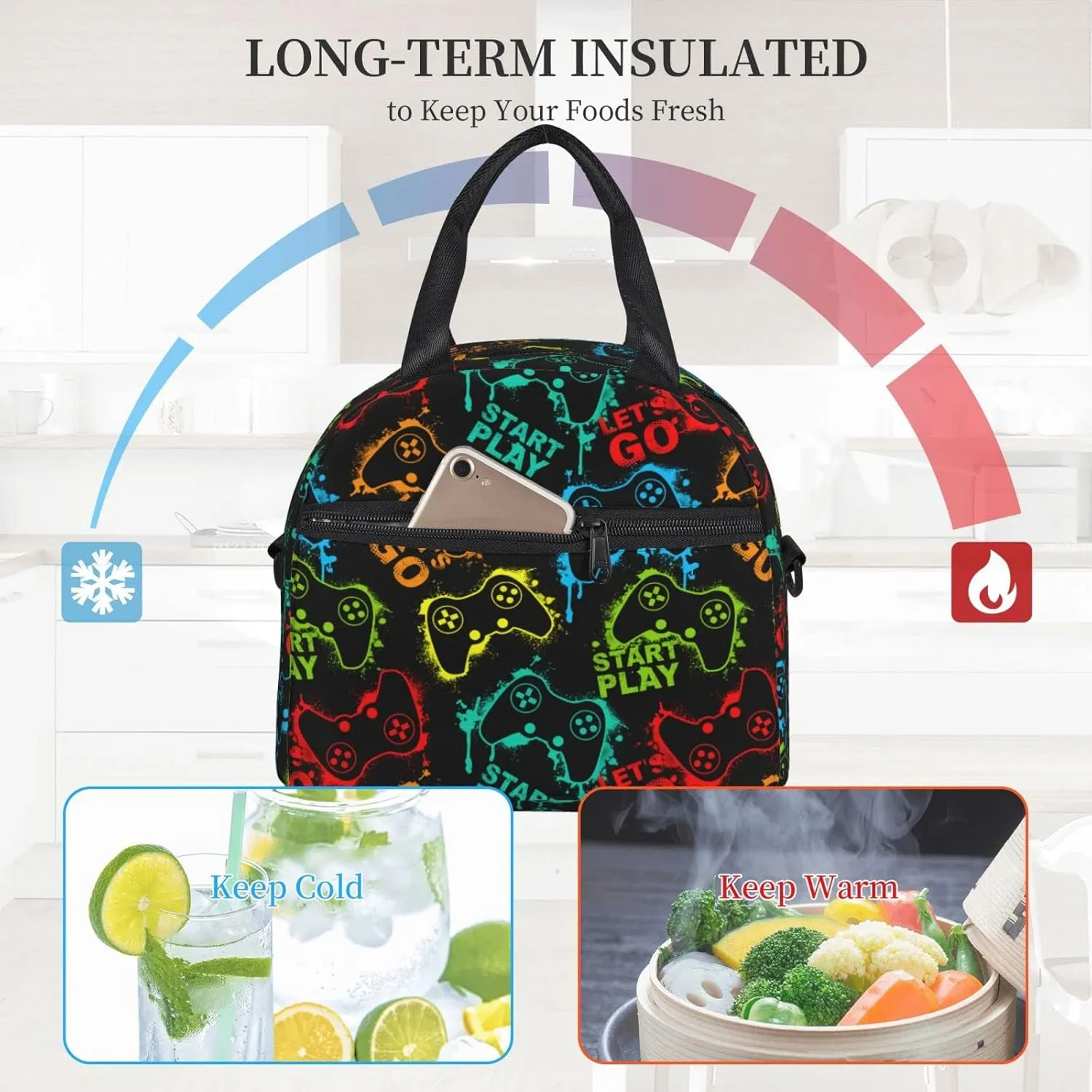 Colorful Silhouettes Game Joystick Lunch Bag Reusable Insulated Lunch Tote Bag Lunchbox Container With Adjustable Shoulder Strap For Office Work School Picnic Travel