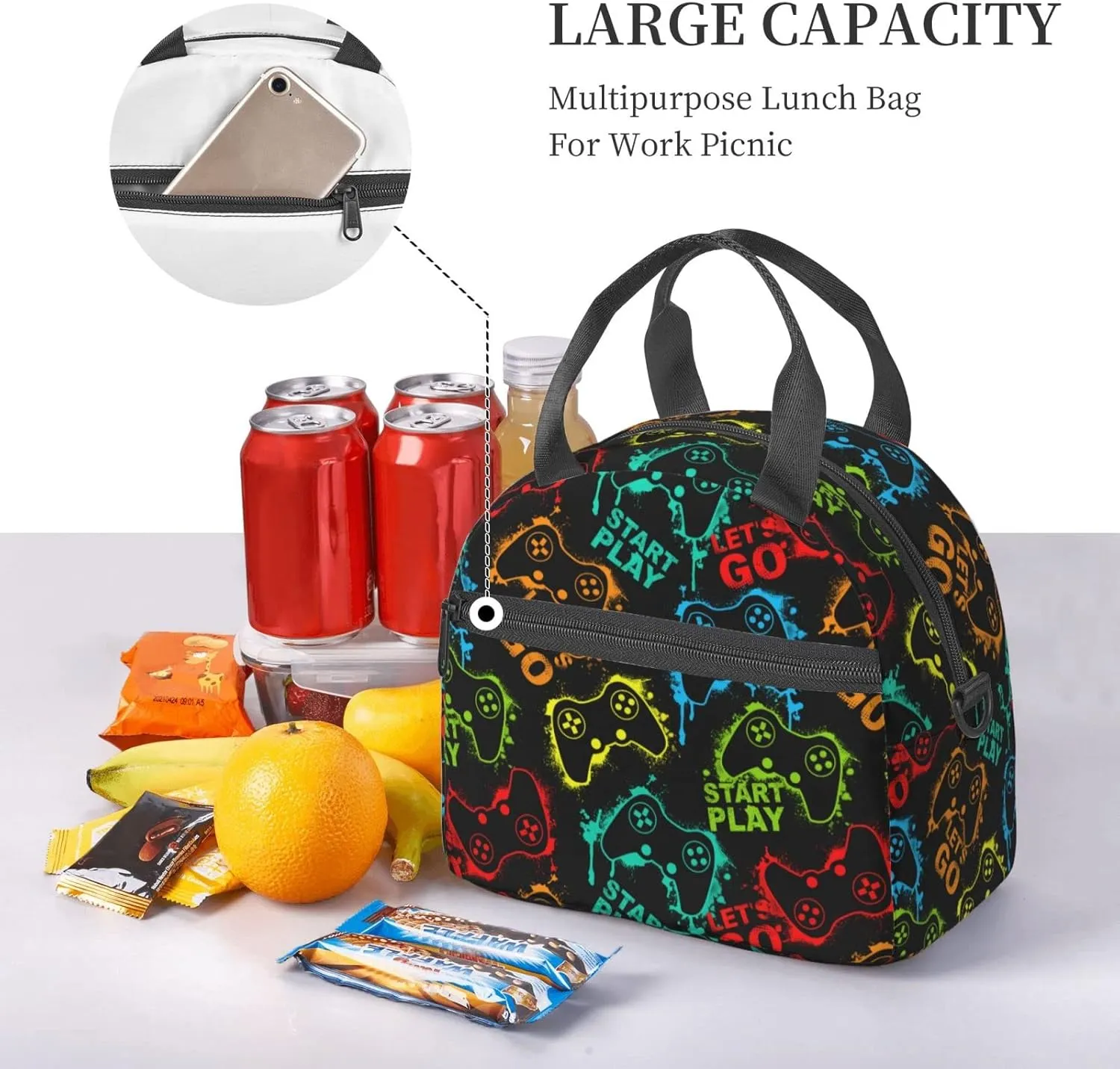 Colorful Silhouettes Game Joystick Lunch Bag Reusable Insulated Lunch Tote Bag Lunchbox Container With Adjustable Shoulder Strap For Office Work School Picnic Travel