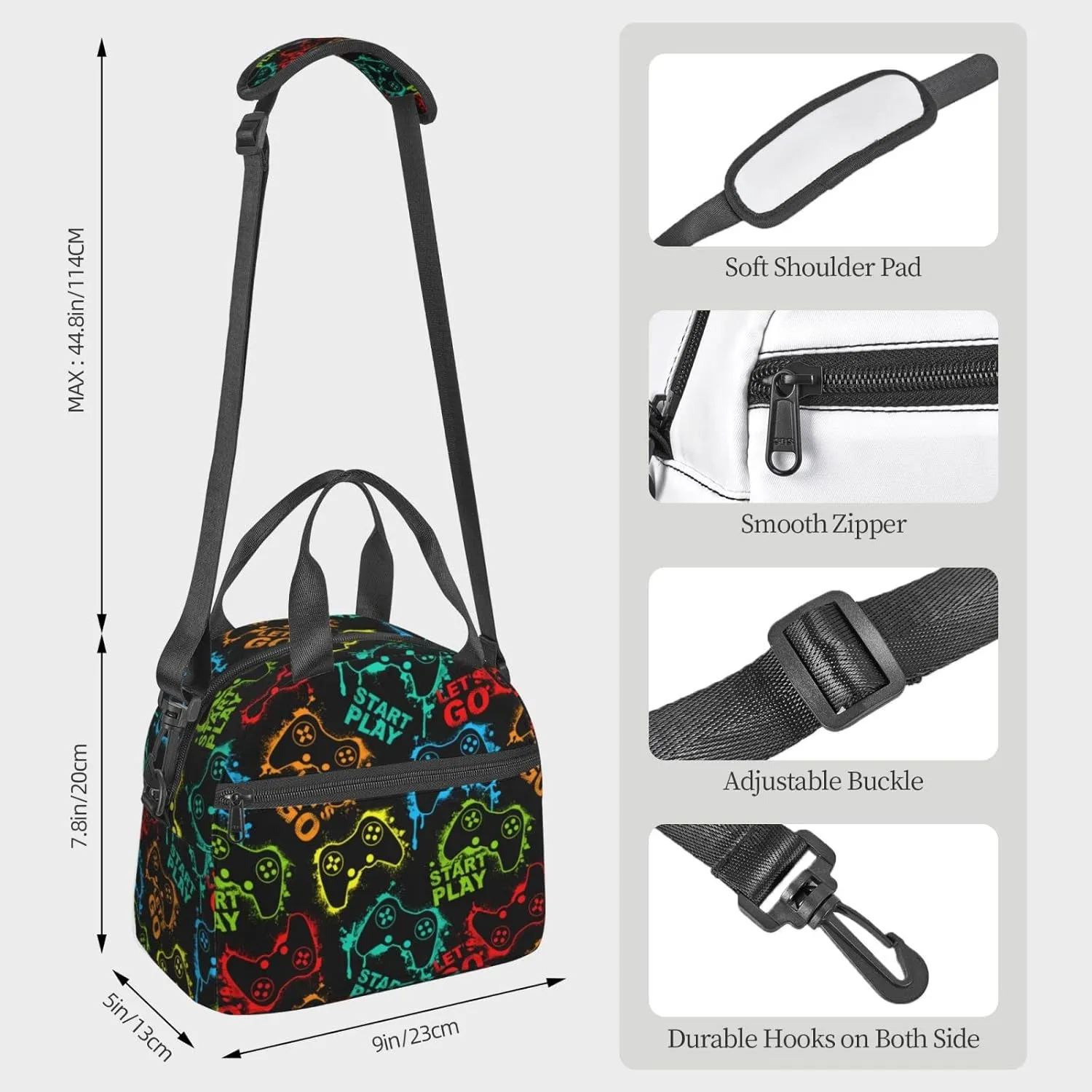 Colorful Silhouettes Game Joystick Lunch Bag Reusable Insulated Lunch Tote Bag Lunchbox Container With Adjustable Shoulder Strap For Office Work School Picnic Travel