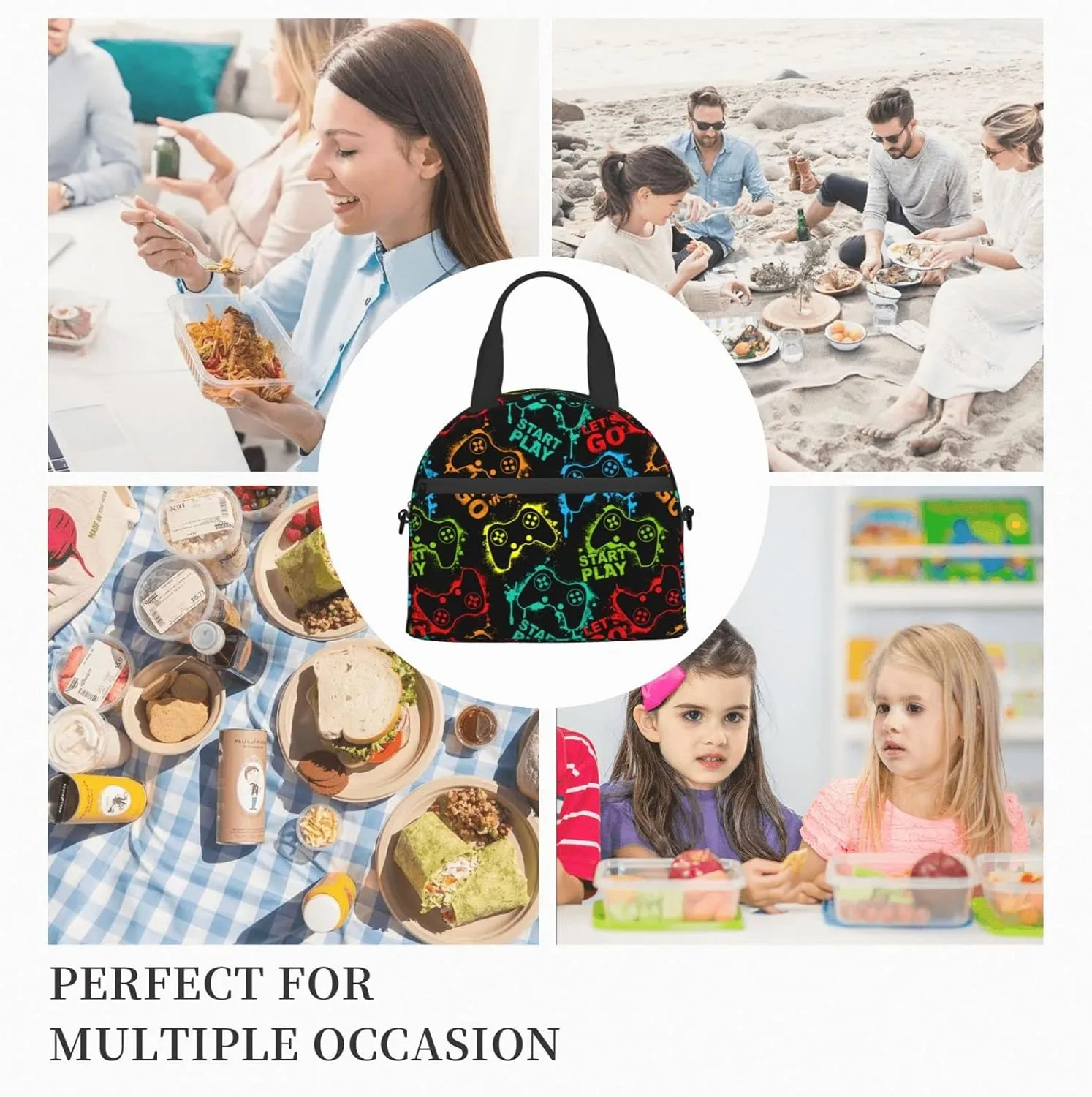 Colorful Silhouettes Game Joystick Lunch Bag Reusable Insulated Lunch Tote Bag Lunchbox Container With Adjustable Shoulder Strap For Office Work School Picnic Travel