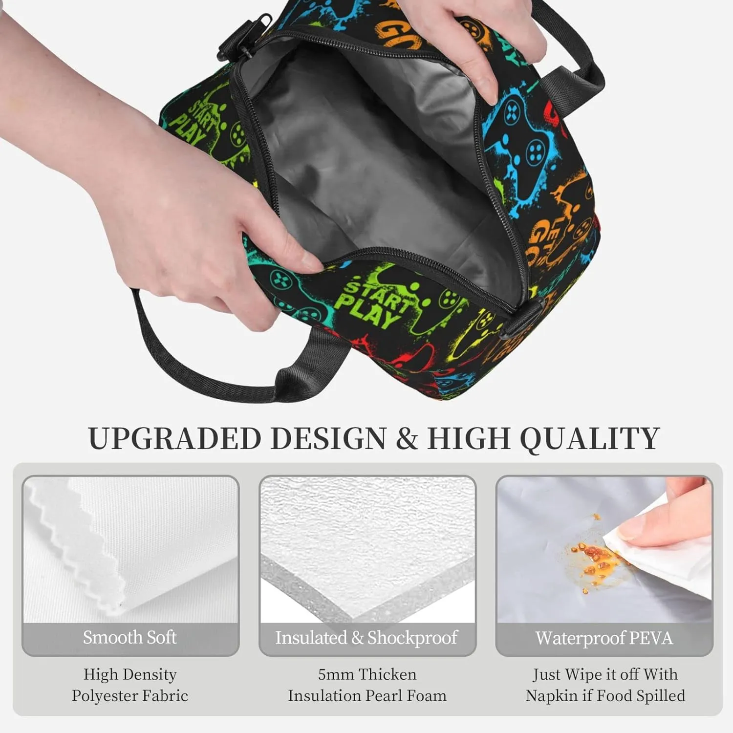 Colorful Silhouettes Game Joystick Lunch Bag Reusable Insulated Lunch Tote Bag Lunchbox Container With Adjustable Shoulder Strap For Office Work School Picnic Travel