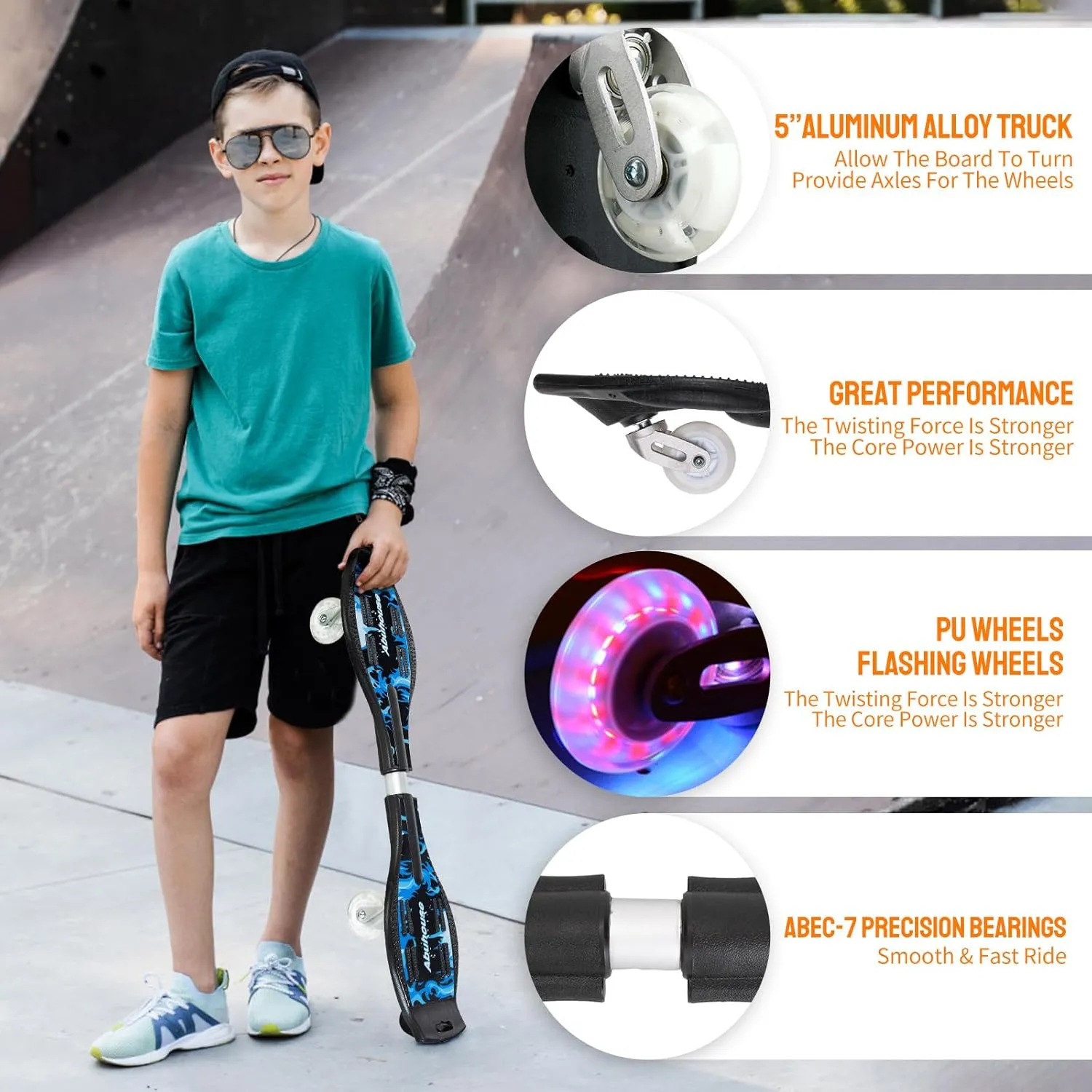 Comeon Caster Board Skateboard, Compact and Lightweight Skateboard with 360-degree Casters and Illuminating Wheels, for Kids 8 