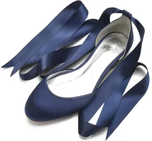 COMFASH Ballet Flats Satin Comfortable Closed Toe Ribbon Tie Women Bride Wedding Shoes