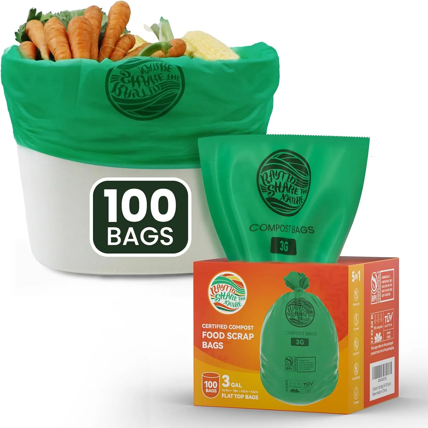 Compost Bags 3 Gallon,100 Count,Compost Food Scrap Waste Bags Fits Countertop Bin,Small Kitchen Food Scrap Waste Bags,Compost bin bags,Certified by BPI,ASTM D6400 and OK compost HOME certified