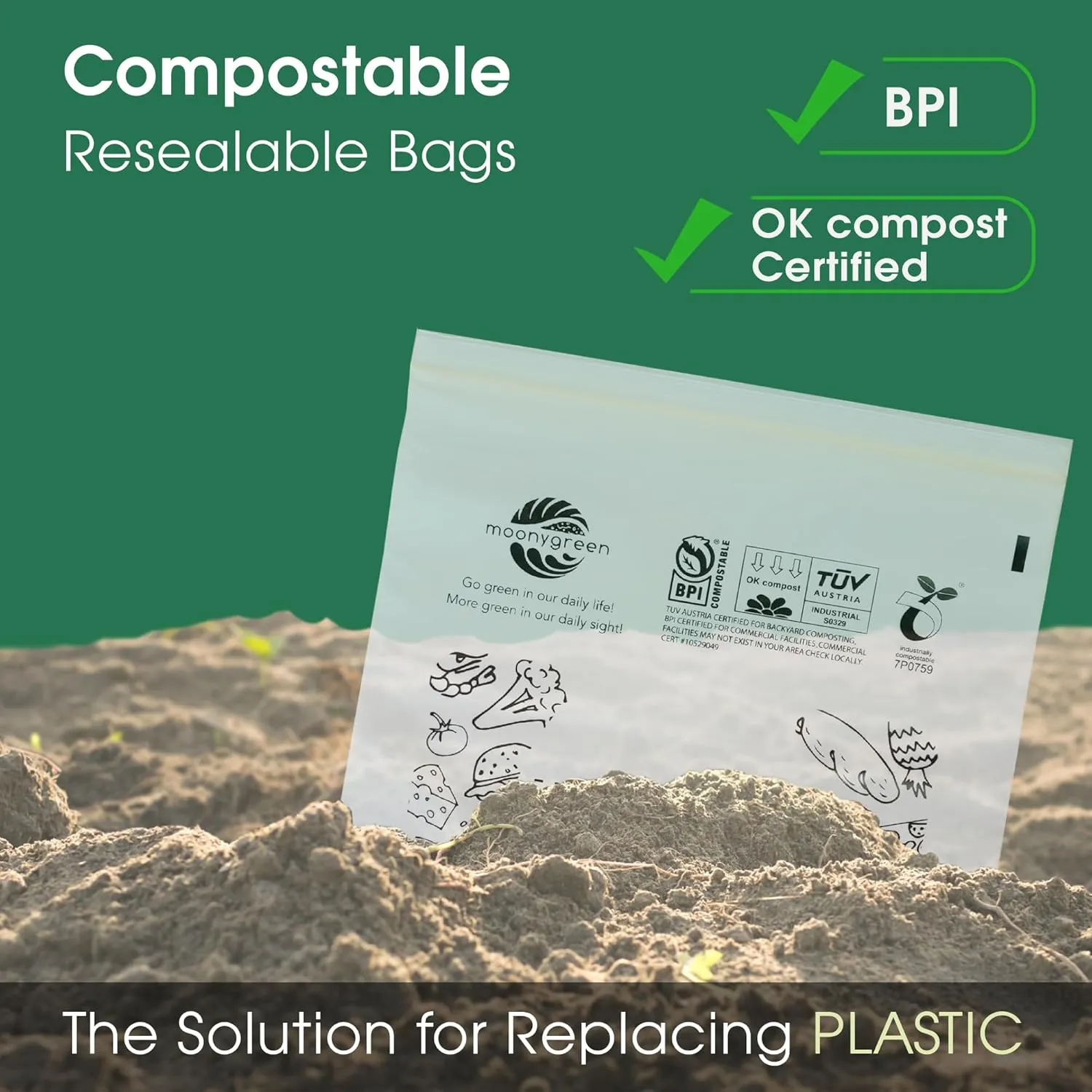 Compostable Food Storage Bags, Large Gallon Resealable Freezer Bags, 50 Count, 10.5 x 10.6 inches, Extra Thick, Certified US BPI ASTM D6400 Europe OK Compost