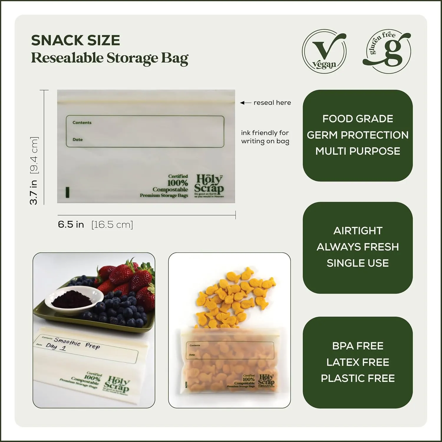 Compostable Snack Size Storage Bags - 6.5 x 3.7in, 50 Pack | Eco Plastic-Free, Strong & Zip Seal Reusable Food Bags | BPI Certified & Freezer Safe | Lunch Box & Travel Essential