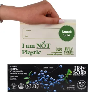 Compostable Snack Size Storage Bags - 6.5 x 3.7in, 50 Pack | Eco Plastic-Free, Strong & Zip Seal Reusable Food Bags | BPI Certified & Freezer Safe | Lunch Box & Travel Essential