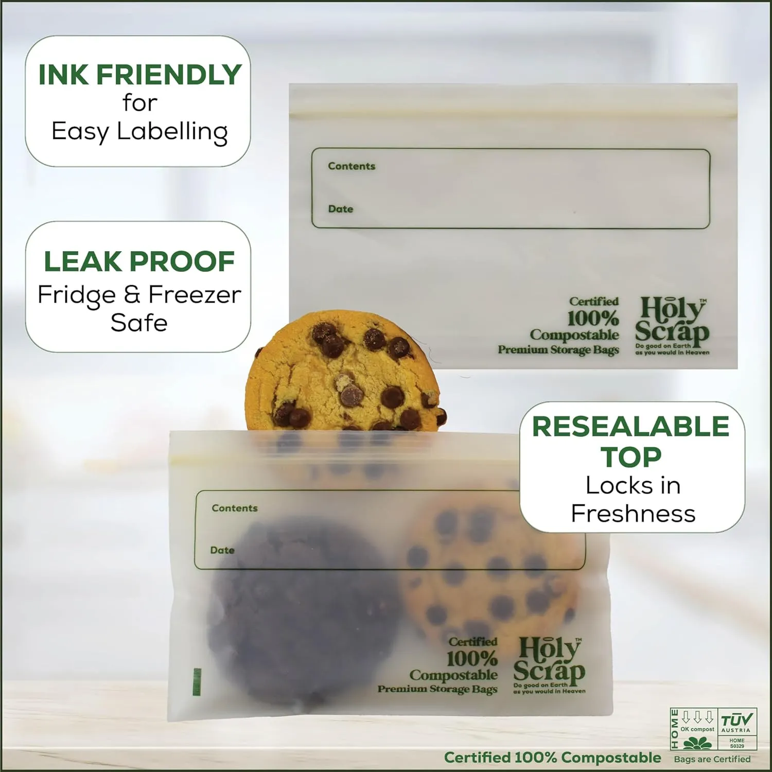 Compostable Snack Size Storage Bags - 6.5 x 3.7in, 50 Pack | Eco Plastic-Free, Strong & Zip Seal Reusable Food Bags | BPI Certified & Freezer Safe | Lunch Box & Travel Essential
