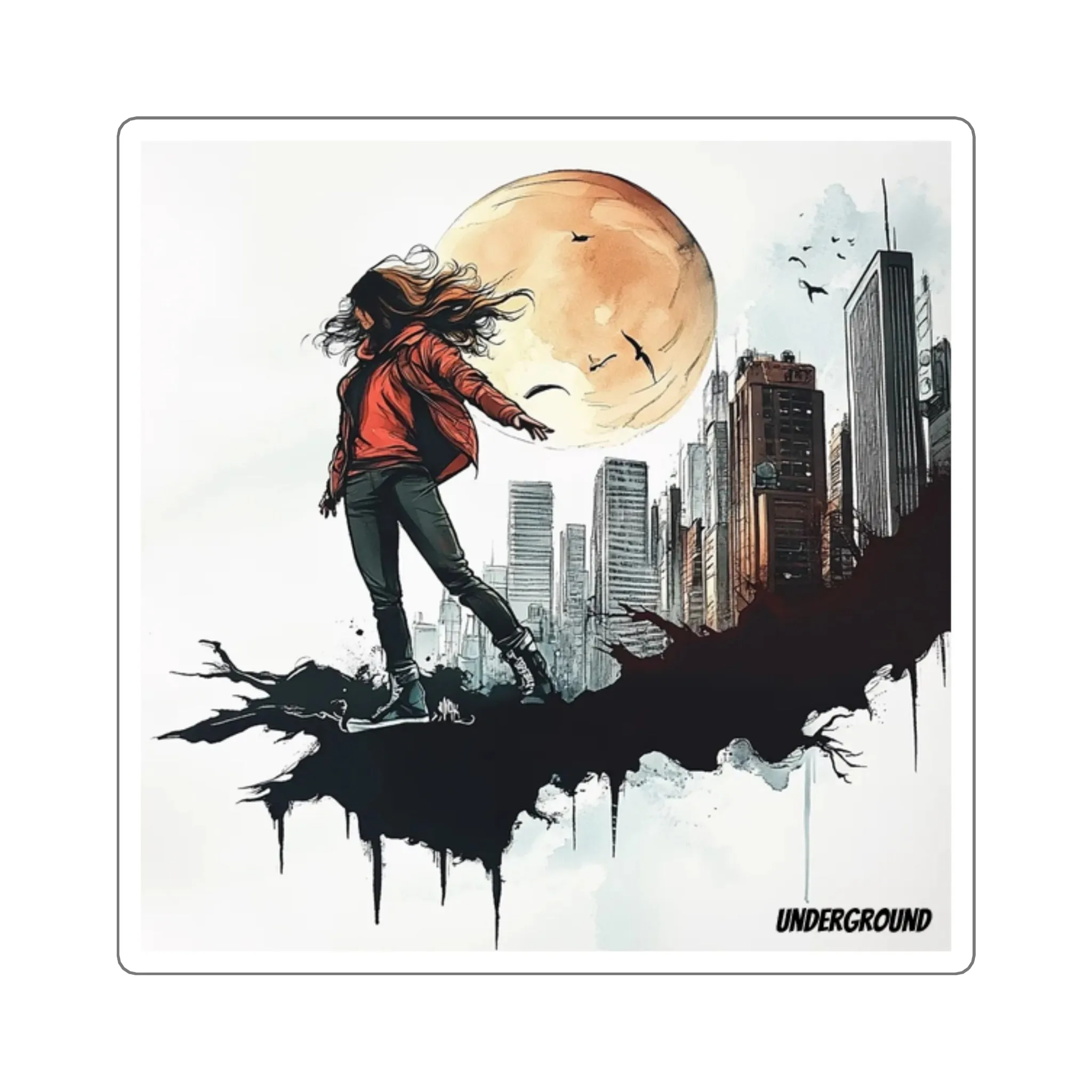 Concrete Dawn Street Sticker – Urban Ink & Watercolor City Art
