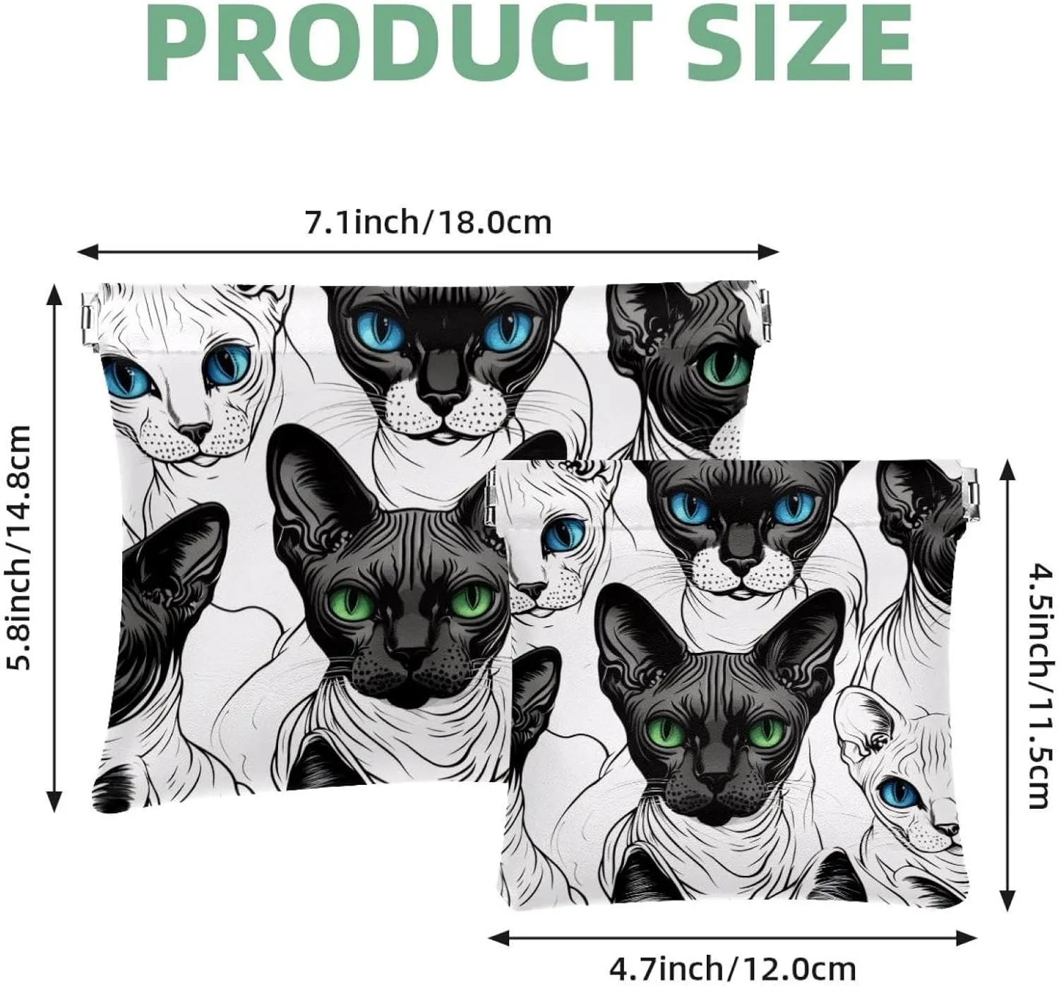 Cool Cats with Blue and Green Eyes Pocket Cosmetic Bag, Waterproof Squeeze Makeup Bag No Zipper Self-Closing, Portable Mini Travel Storage for Headphones Jewelry
