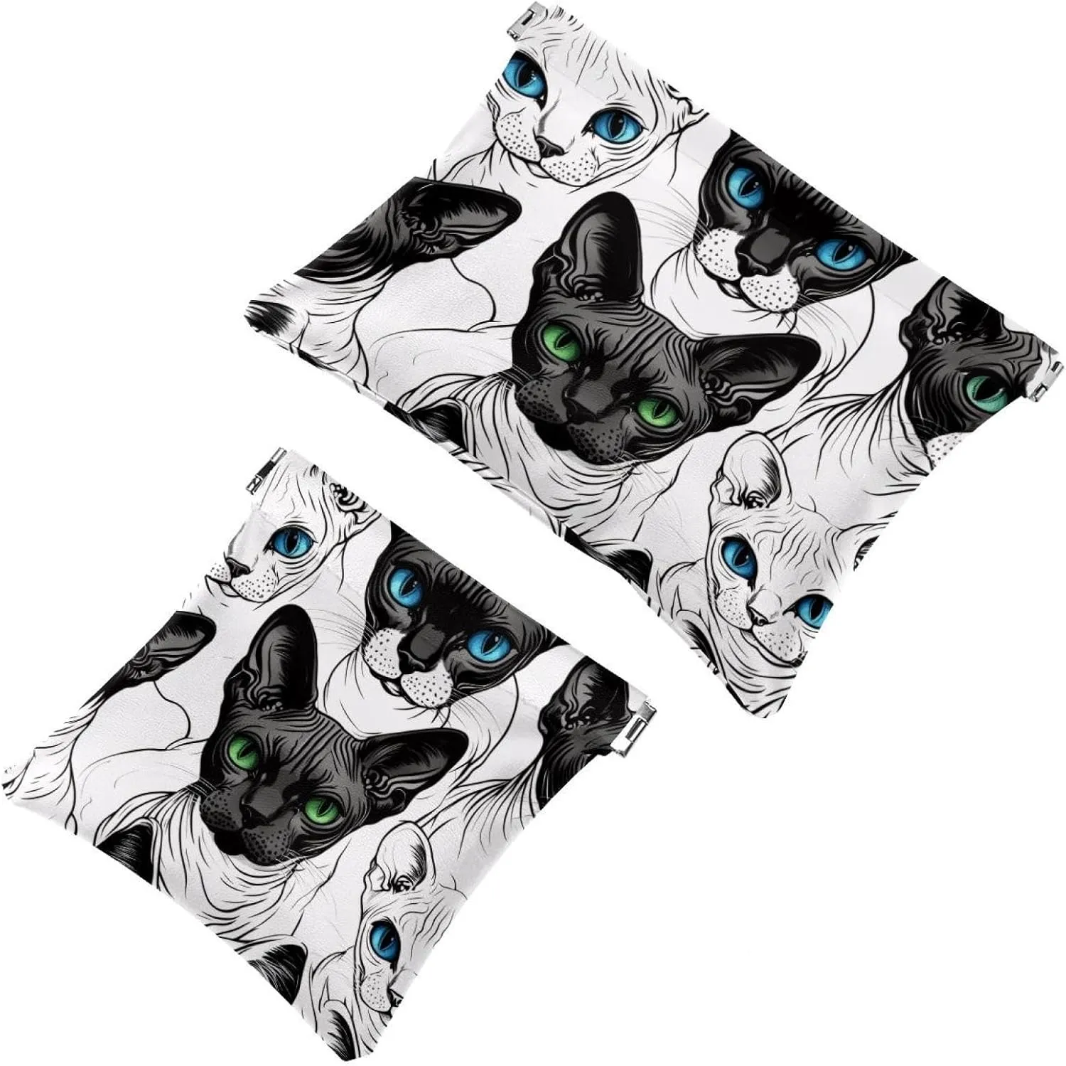Cool Cats with Blue and Green Eyes Pocket Cosmetic Bag, Waterproof Squeeze Makeup Bag No Zipper Self-Closing, Portable Mini Travel Storage for Headphones Jewelry