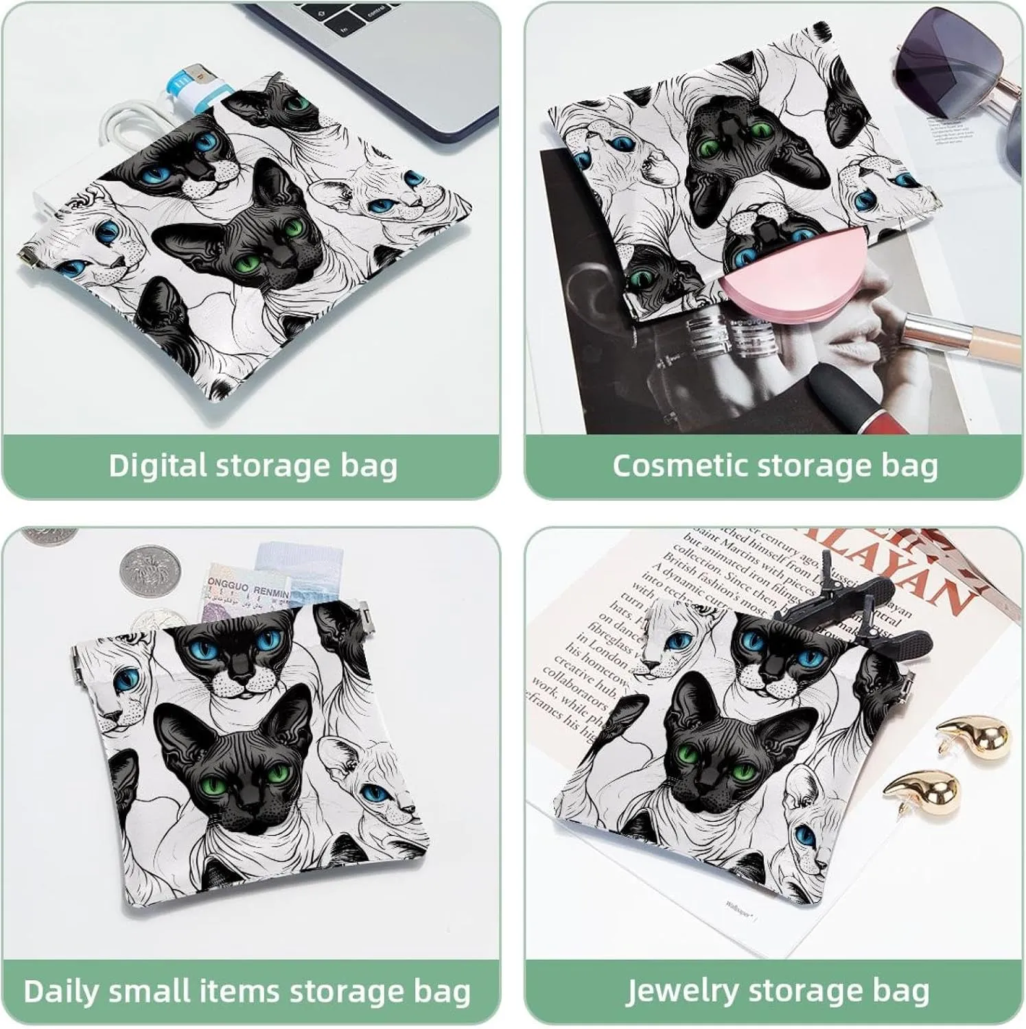 Cool Cats with Blue and Green Eyes Pocket Cosmetic Bag, Waterproof Squeeze Makeup Bag No Zipper Self-Closing, Portable Mini Travel Storage for Headphones Jewelry