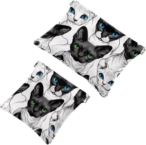 Cool Cats with Blue and Green Eyes Pocket Cosmetic Bag, Waterproof Squeeze Makeup Bag No Zipper Self-Closing, Portable Mini Travel Storage for Headphones Jewelry
