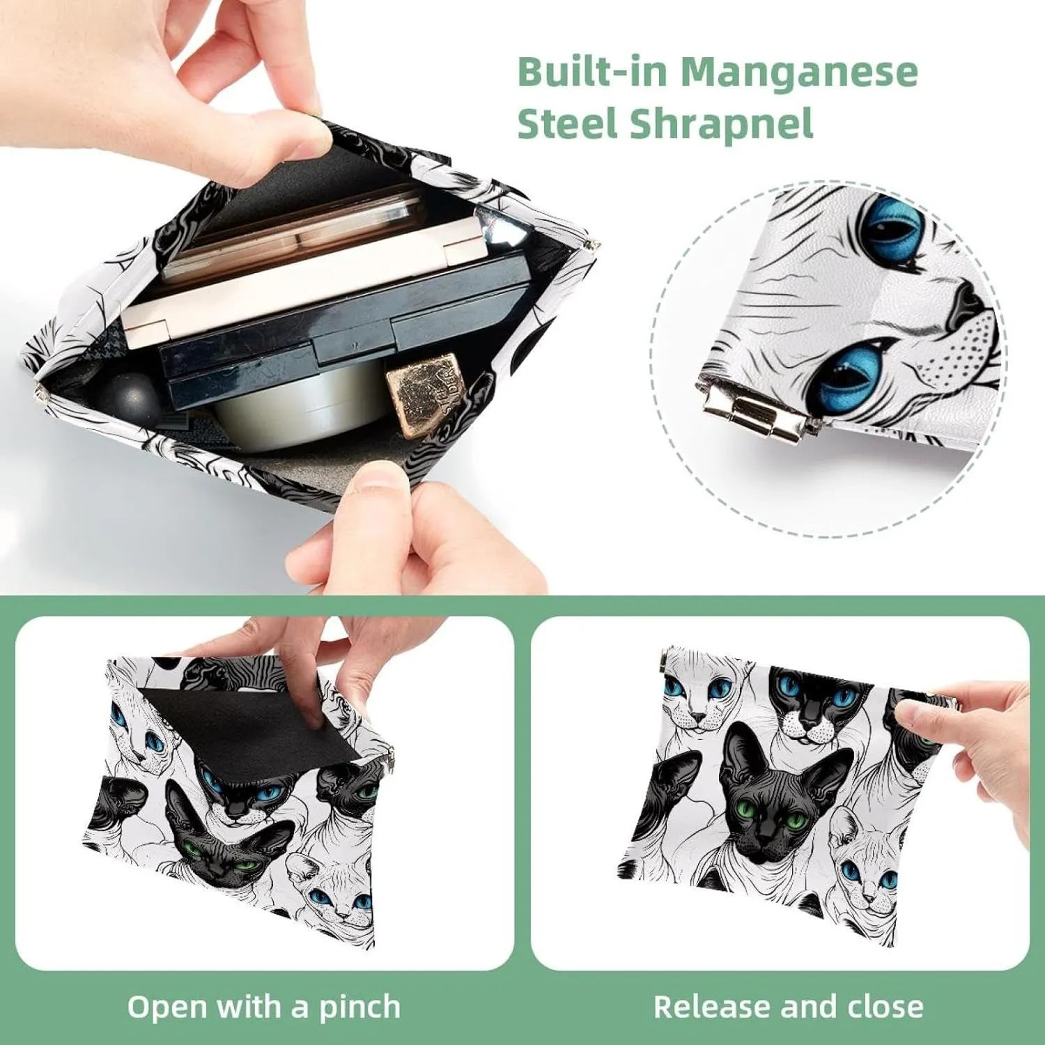 Cool Cats with Blue and Green Eyes Pocket Cosmetic Bag, Waterproof Squeeze Makeup Bag No Zipper Self-Closing, Portable Mini Travel Storage for Headphones Jewelry