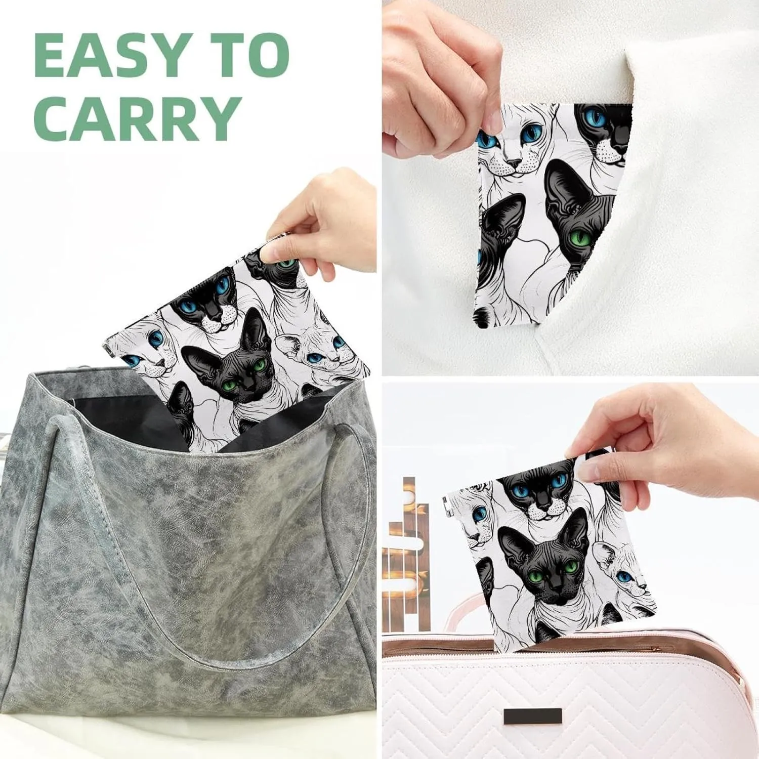 Cool Cats with Blue and Green Eyes Pocket Cosmetic Bag, Waterproof Squeeze Makeup Bag No Zipper Self-Closing, Portable Mini Travel Storage for Headphones Jewelry