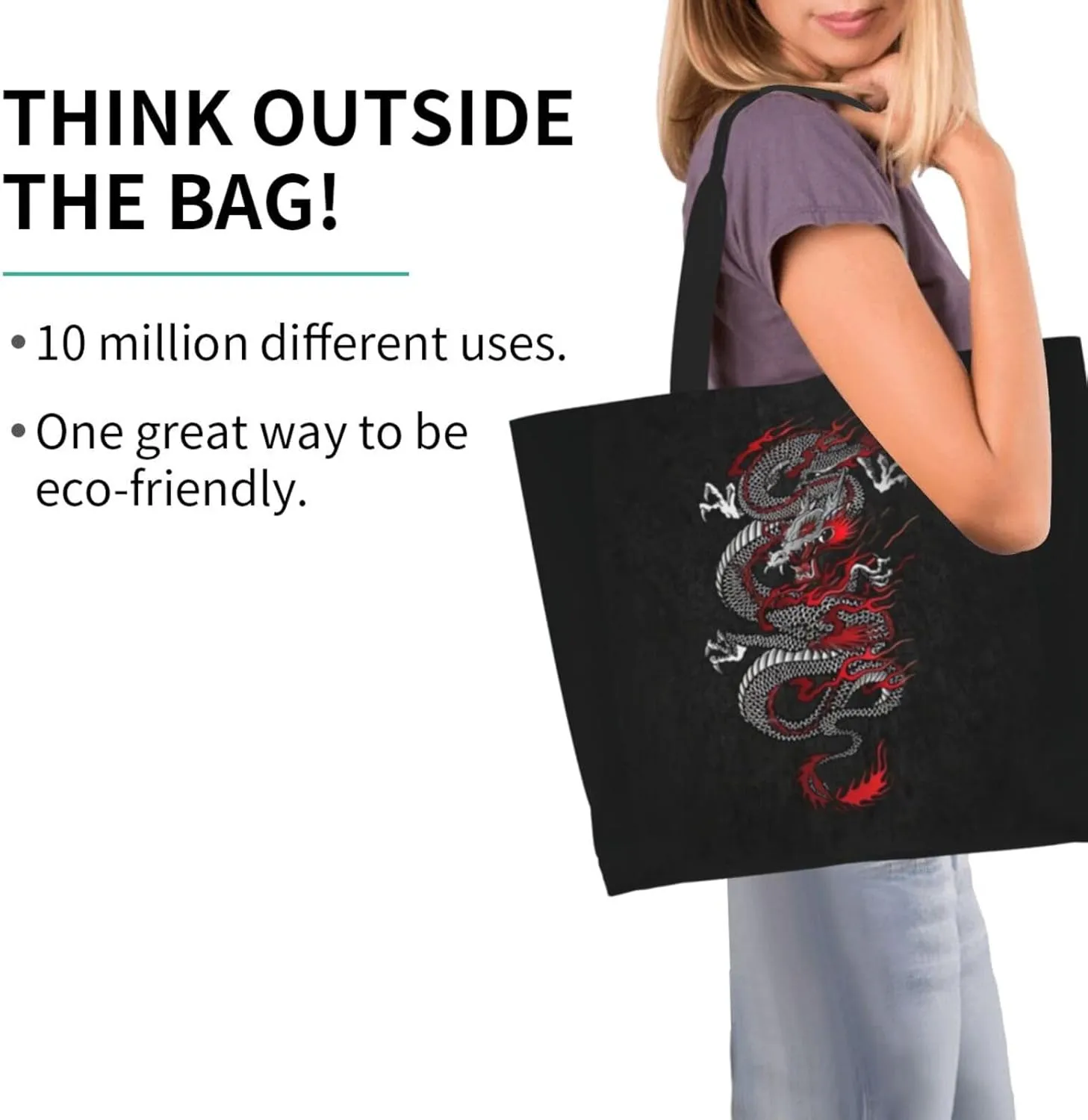 Cool Dragon Tote Bag Foldable Dragon Shoulder Bags Reusable Grocery Tote Bag Beach Bag Shopping Bag Travel Bag