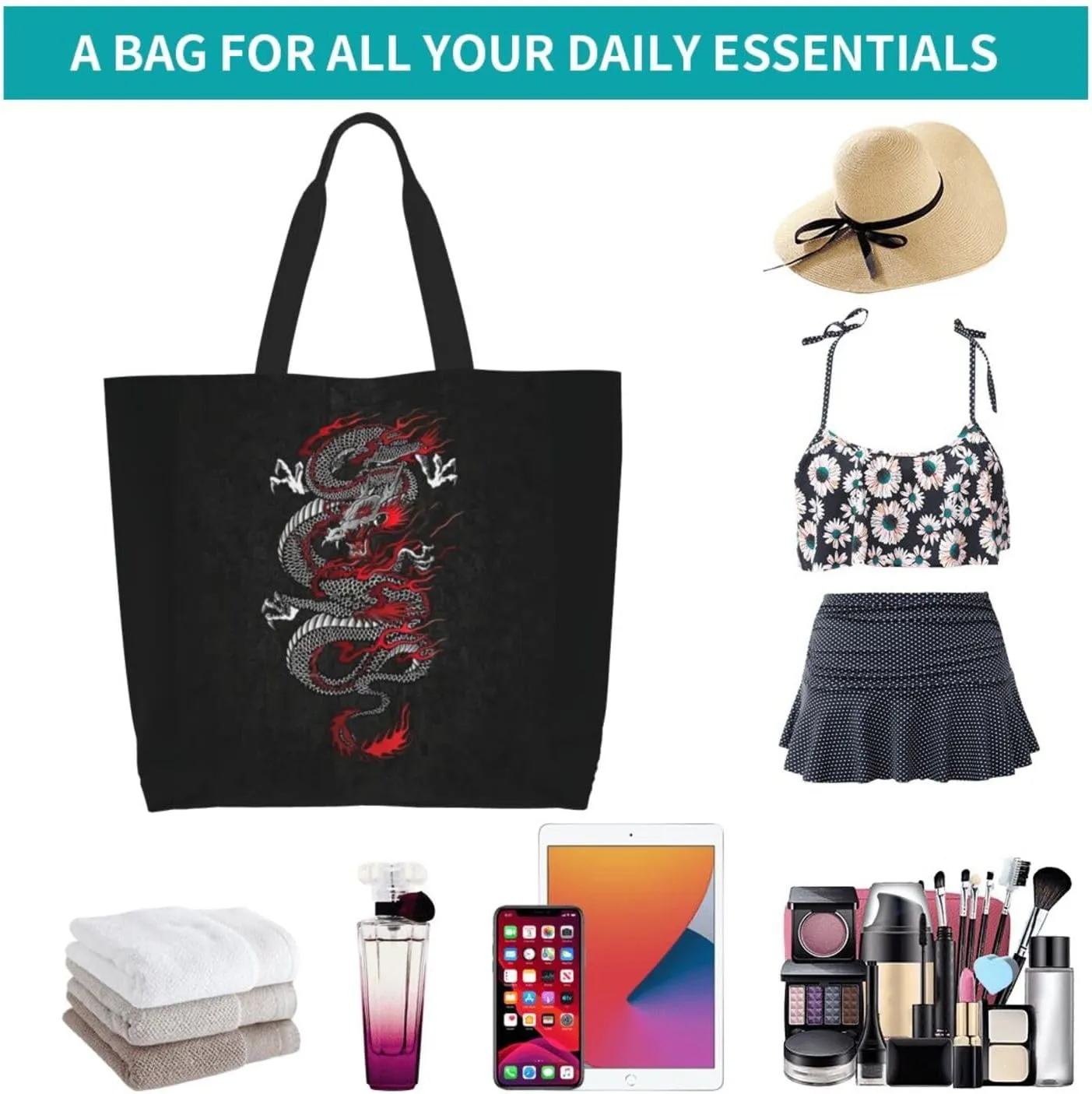 Cool Dragon Tote Bag Foldable Dragon Shoulder Bags Reusable Grocery Tote Bag Beach Bag Shopping Bag Travel Bag