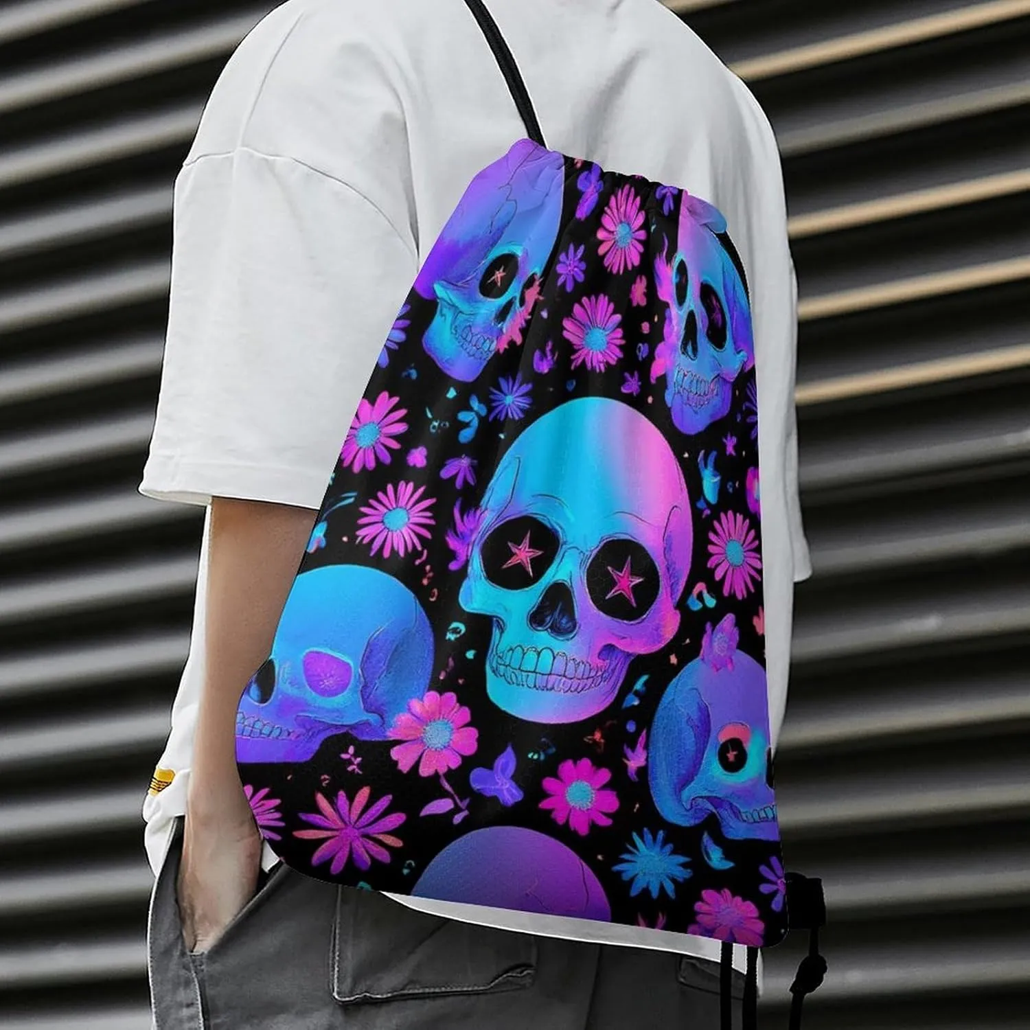 Cool Drawstring Bag for Men Women, Unisex Waterproof Sackpack Bags, Neon Purple Flowers Floral Skull Lightweight Backpack Shoulder Bag with Strap for Sports